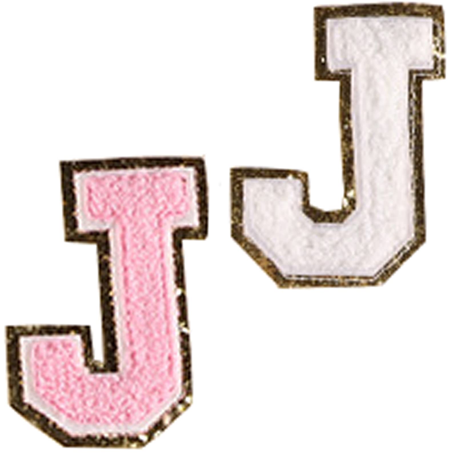 Gold Glitter Varsity Letter Patches Iron On - Initial J Patches with Adhesive Back for Jackets, Bags & DIY Crafts (Pink & White, 2PCS)