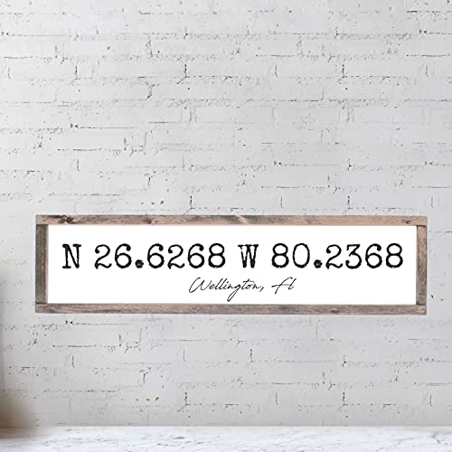 Rustic Farmhouse Wood Framed Latitude Longitude Coordinates Sign - 8x27 Inch Distressed Beach House Wall Art, Nautical Home Decor with Southern Charm for Living Room, Bedroom & Office - Inspirational Motivational Gift