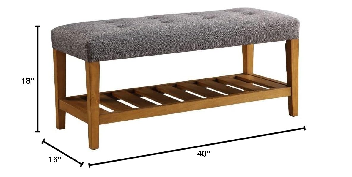 HomeRoots Rectangular Gray Padded Bench with Oak Finish Legs and Storage Shelf - Perfect for Entryway, Bedroom, or Living Room Seating and Storage