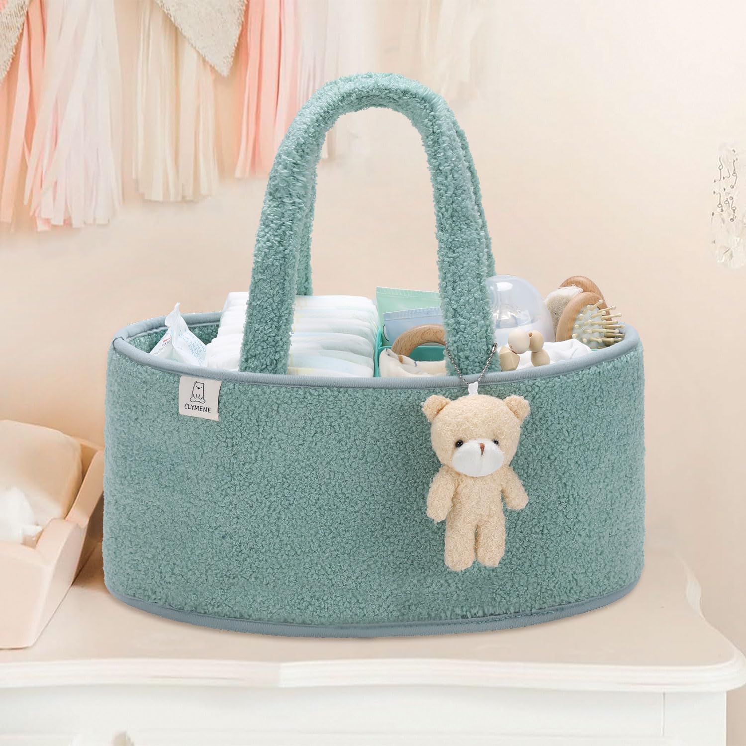 CLYMENE Baby Diaper Caddy Organizer - Nursery Storage Basket for Diapers, Wipes & Baby Essentials | Portable Diaper Tote Bag for Travel & Home | Perfect Baby Shower Gift & Registry Must-Have in Sage Green | Ideal for Changing Table, Car Trips & On-the-Go Parents