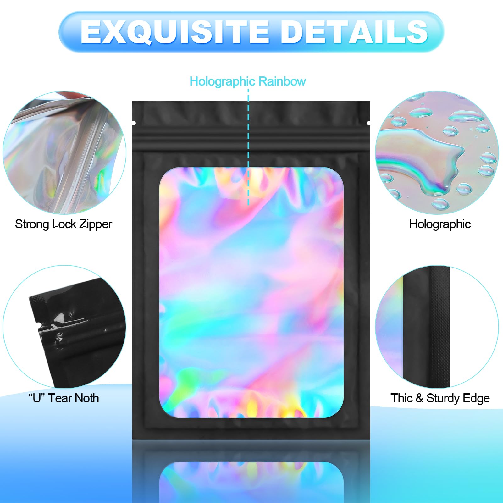 100-Pack Smell Proof Mylar Bags - Resealable Holographic Storage Pouch with Clear Window for Food, Eyelash, Jewelry & Electronics (4.7
