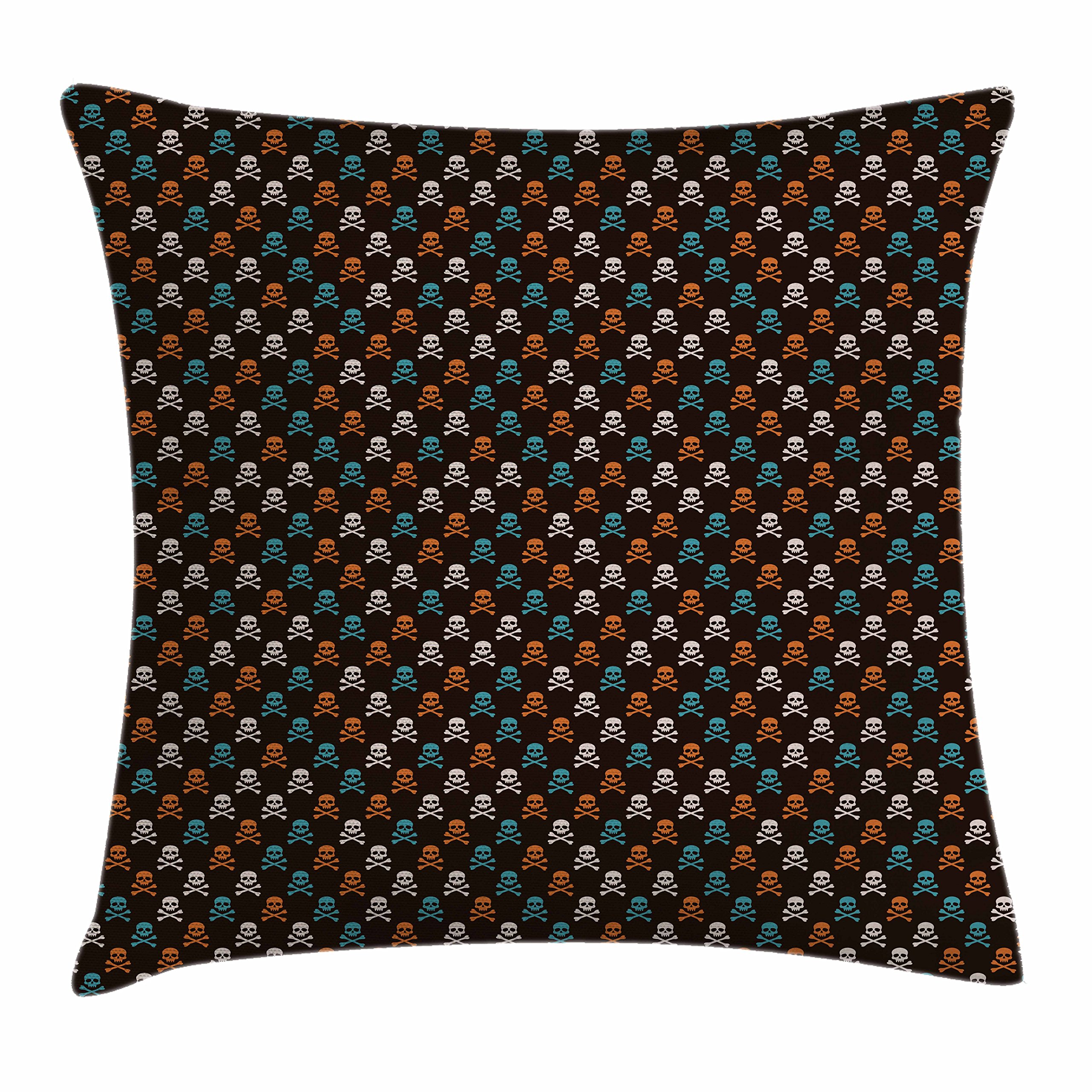 Ambesonne Pirates Throw Pillow Cover 18x18 Inch - Skull & Bones Halloween Decorative Cushion Case - Black Background Multicolor Graphic - Perfect for Living Room, Bedroom, or Halloween Party Decor
