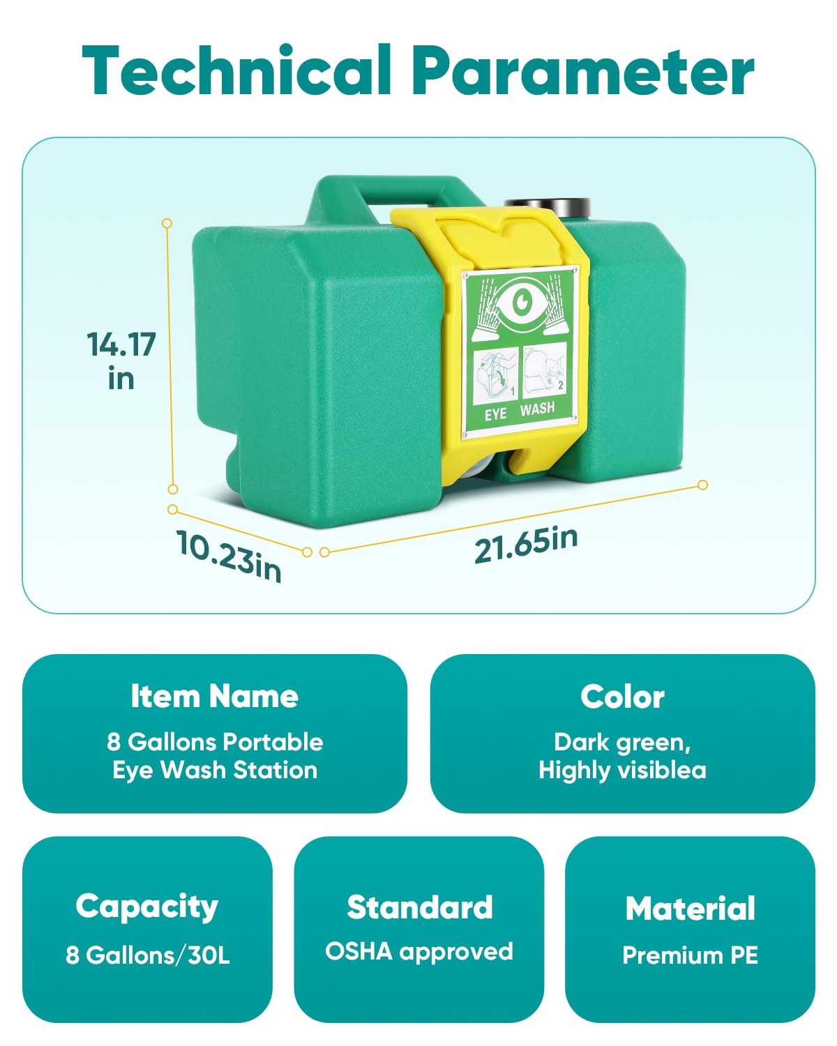 8-Gallon (30L) Portable Wall-Mounted Emergency Eyewash Station - 10 Minute Continuous Flow - Ideal for Laboratories, Workshops & Industrial Safety Use