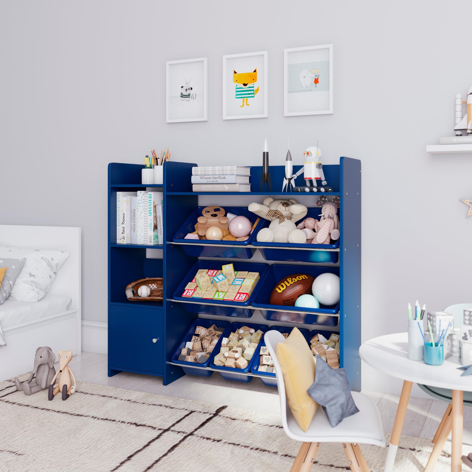 Kids Toy Storage Organizer with Bookshelf - Playroom Organization Shelving Unit with Removable Bins & Anti-Tip Bracket - Blue - Perfect for Bedroom, Nursery, and Classroom Organization