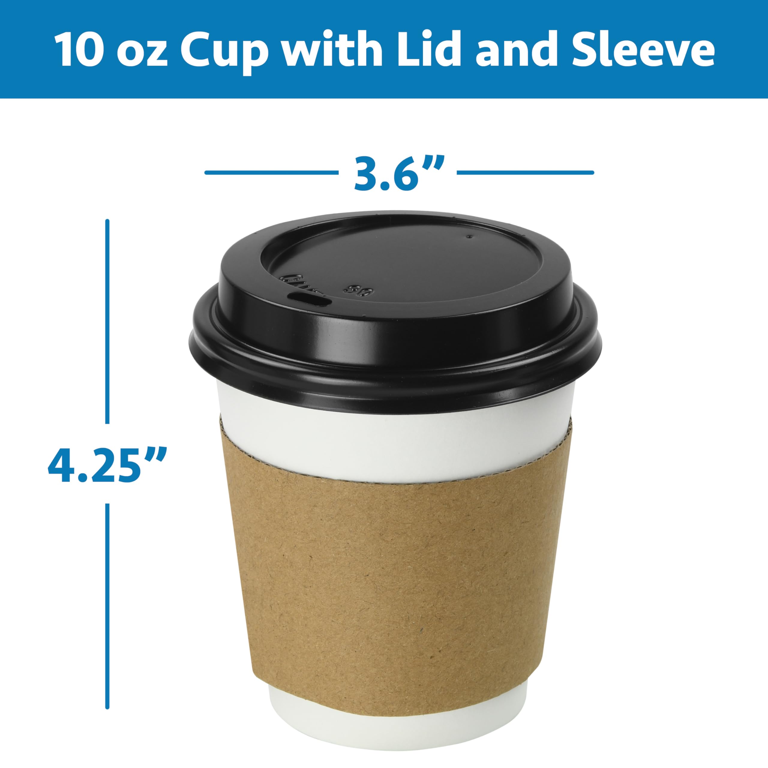 NYHI 100 Pack 10 oz White Disposable Coffee Cups with Black Lids & Sleeves - Hot/Cold Beverage Drinking Cups for Coffee, Tea, Juice, Espresso - Perfect for Office Water Coolers, Parties, Cafes & Takeout