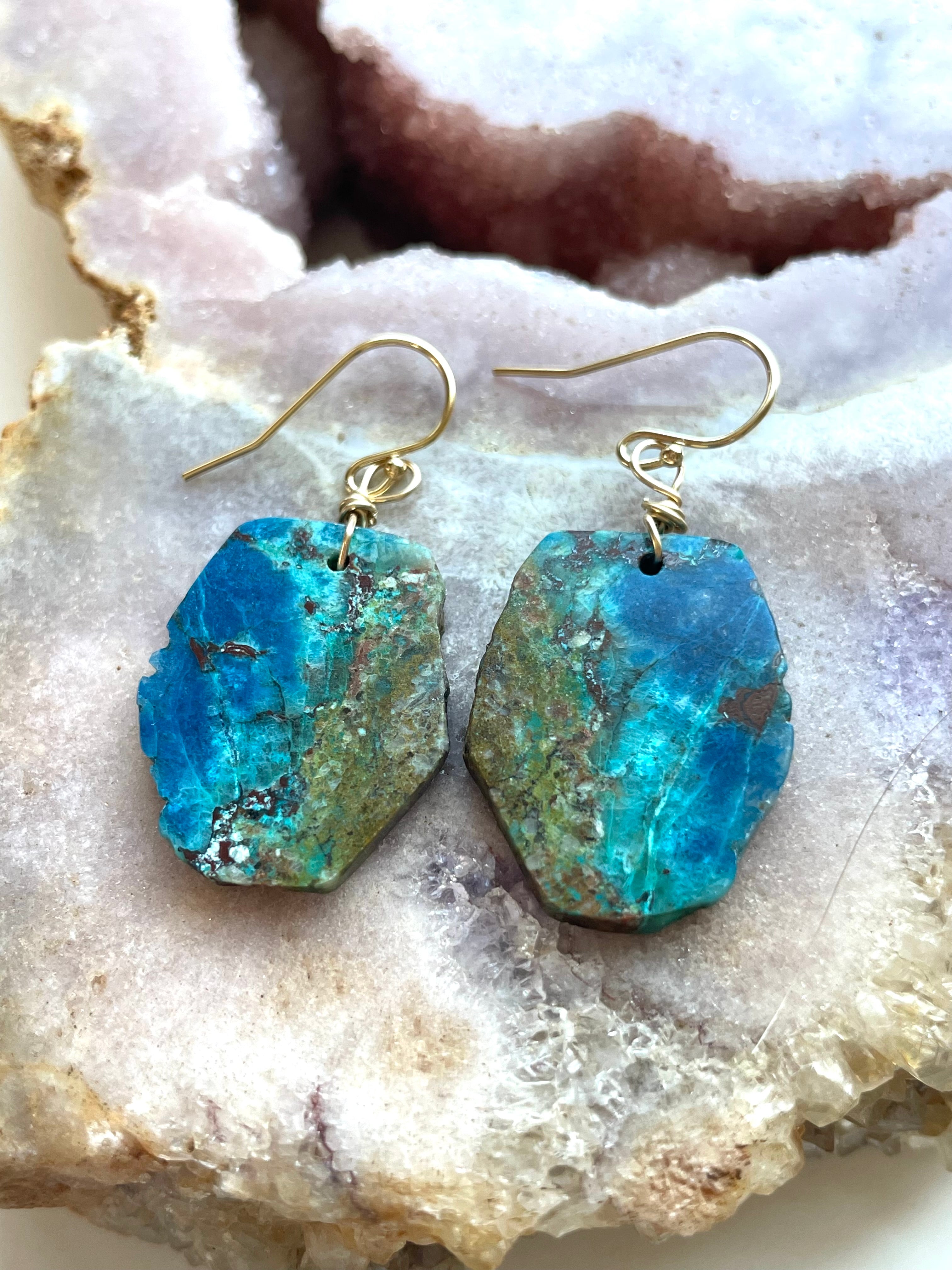 Chrysocolla Gold Filled Statement Crystal Gemstone Earrings for Women - Elegant Dangle Drop Earrings for Party, Wedding & Special Occasions
