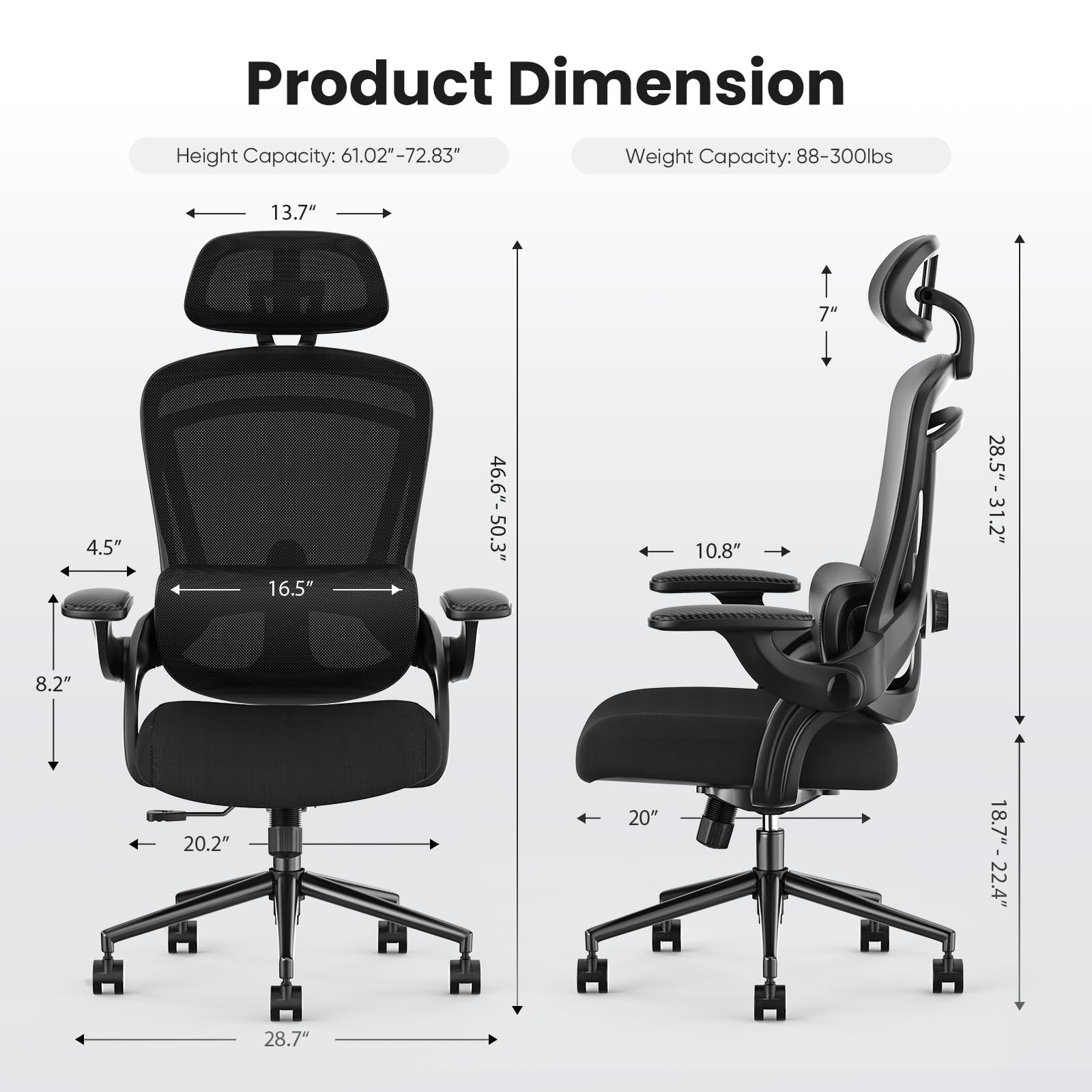 Ergonomic Mesh Office Chair with High Back & 2D Headrest - Adjustable Lumbar Support, Flip-Up Armrests - Black - Perfect for Home Office, Gaming & Computer Workstations