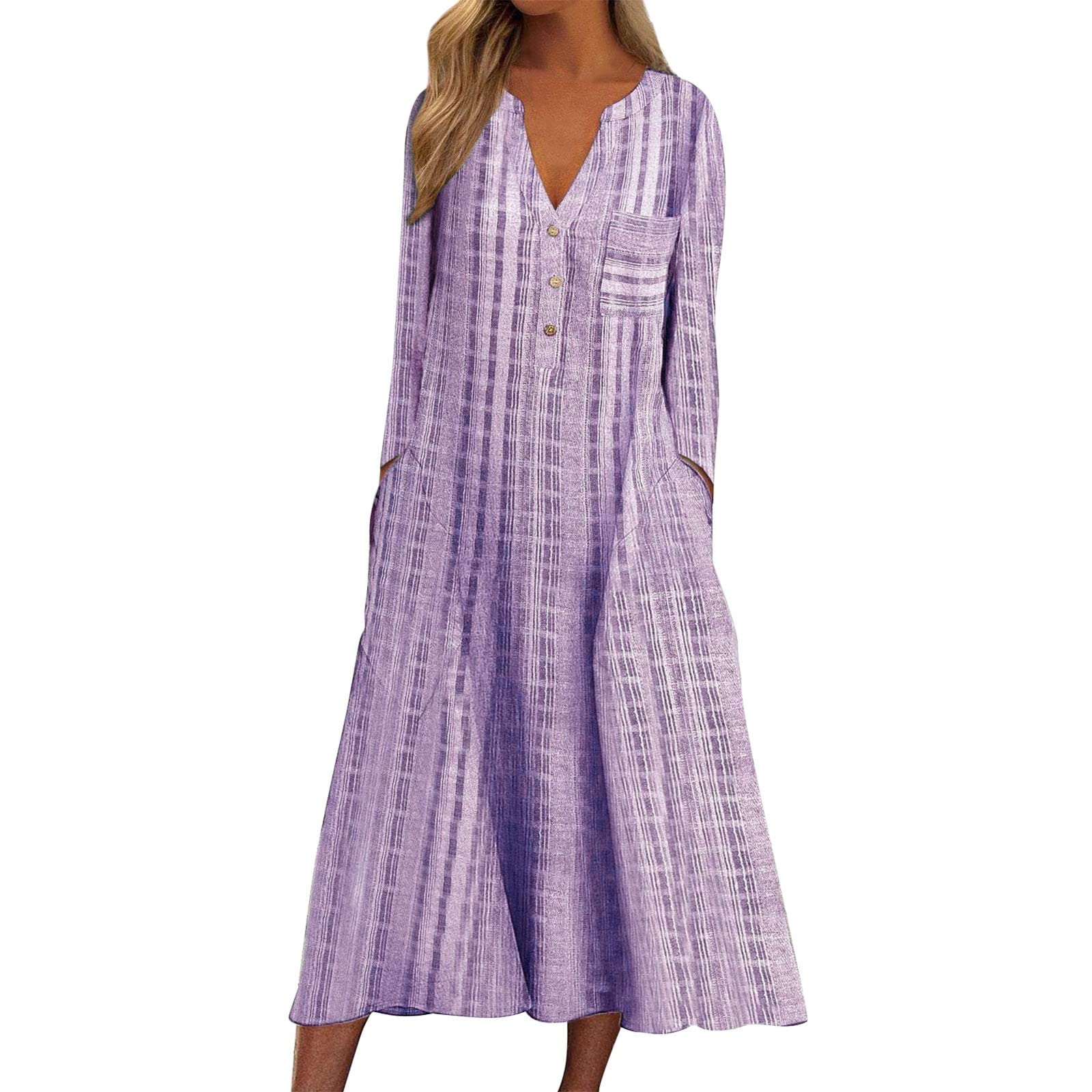 Women's Floral Stripe Summer Casual Dress with V-Neck, Long Sleeves & Pockets - Trendy Long Dress for Women | Perfect for Beach Outings, Date Nights & Summer Vacations