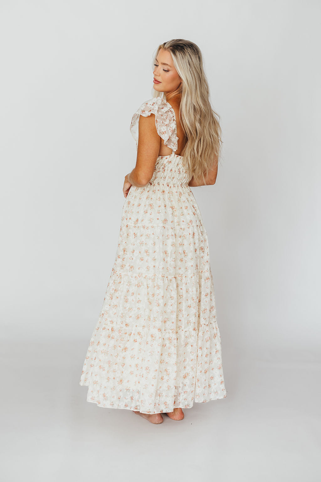 Elegant Floral & Gingham Ruffled Maxi Dress for Women - Cream Peach Floral Print Summer Dress, Perfect for Beach Vacations, Weddings & Date Nights
