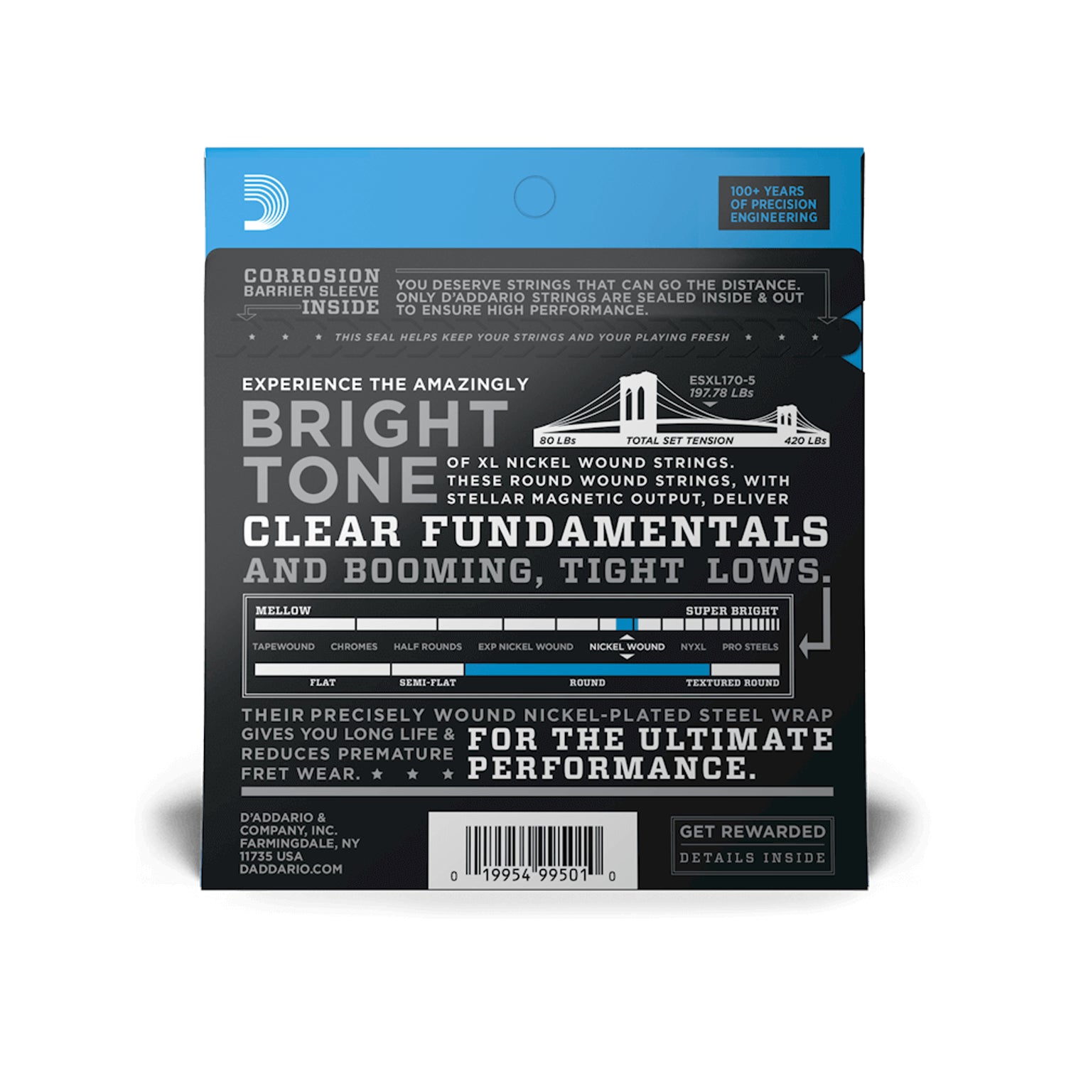 D'Addario EXL170 Regular Light 5-String Bass Guitar Strings - .045-.130 Gauge, Long Scale - Perfect for Rock, Jazz & Studio Recording