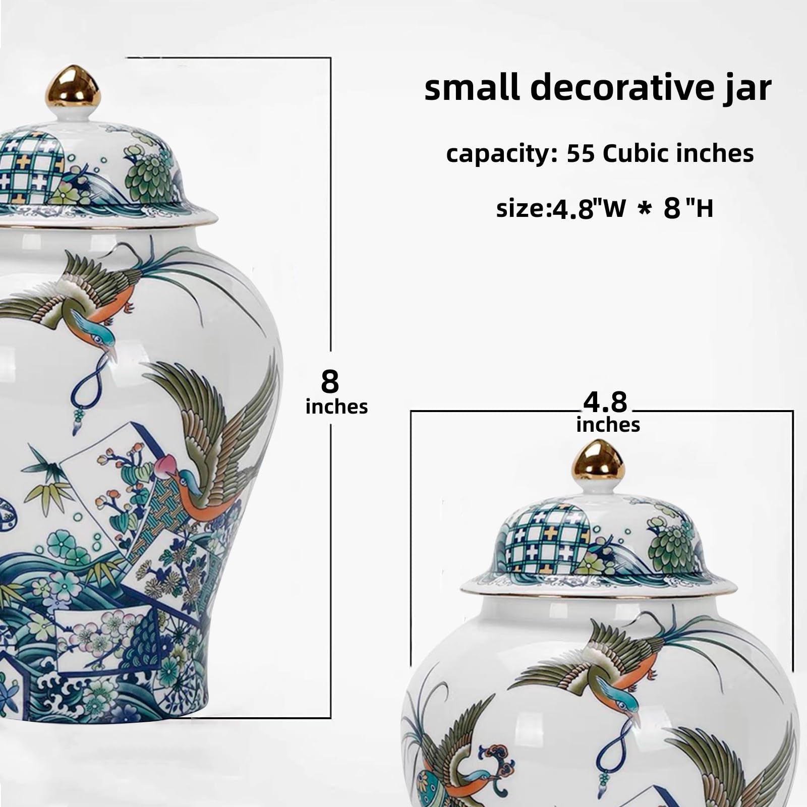 8 Inch Blue and White Phoenix Ginger Jar with Lid - Handcrafted Ceramic Decorative Vase, Chinoiserie Home Decor for Living Room, Kitchen, Shelf Display & Tea Storage | Perfect for Asian-Inspired Interior Design & Gift Giving