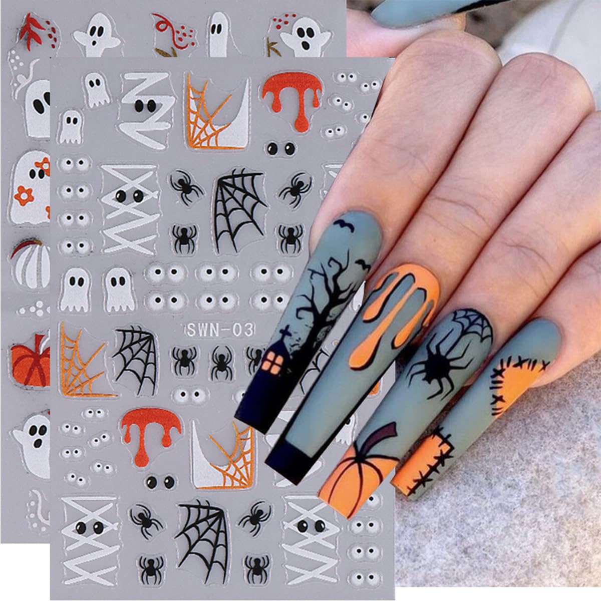 3D Halloween Nail Stickers for Women - Cute Ghost, Pumpkin & Spider Web Designs - Self-Adhesive Nail Art Decals for DIY Halloween Party Nails (6Pcs) - Perfect for Costume Parties, Trick-or-Treating & Spooky Nail Art
