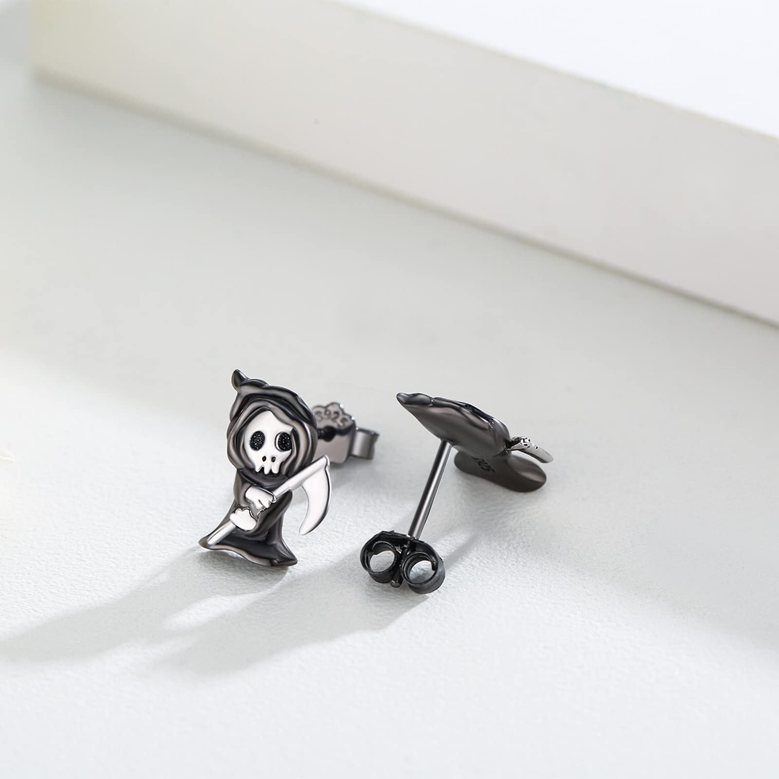 Grim Reaper Earrings - Sterling Silver Ghost Stud Earrings for Women | Gothic Devil Jewelry | Halloween Accessories | Skull Punk Fashion | Perfect for Cosplay, Goth Parties & Alternative Style
