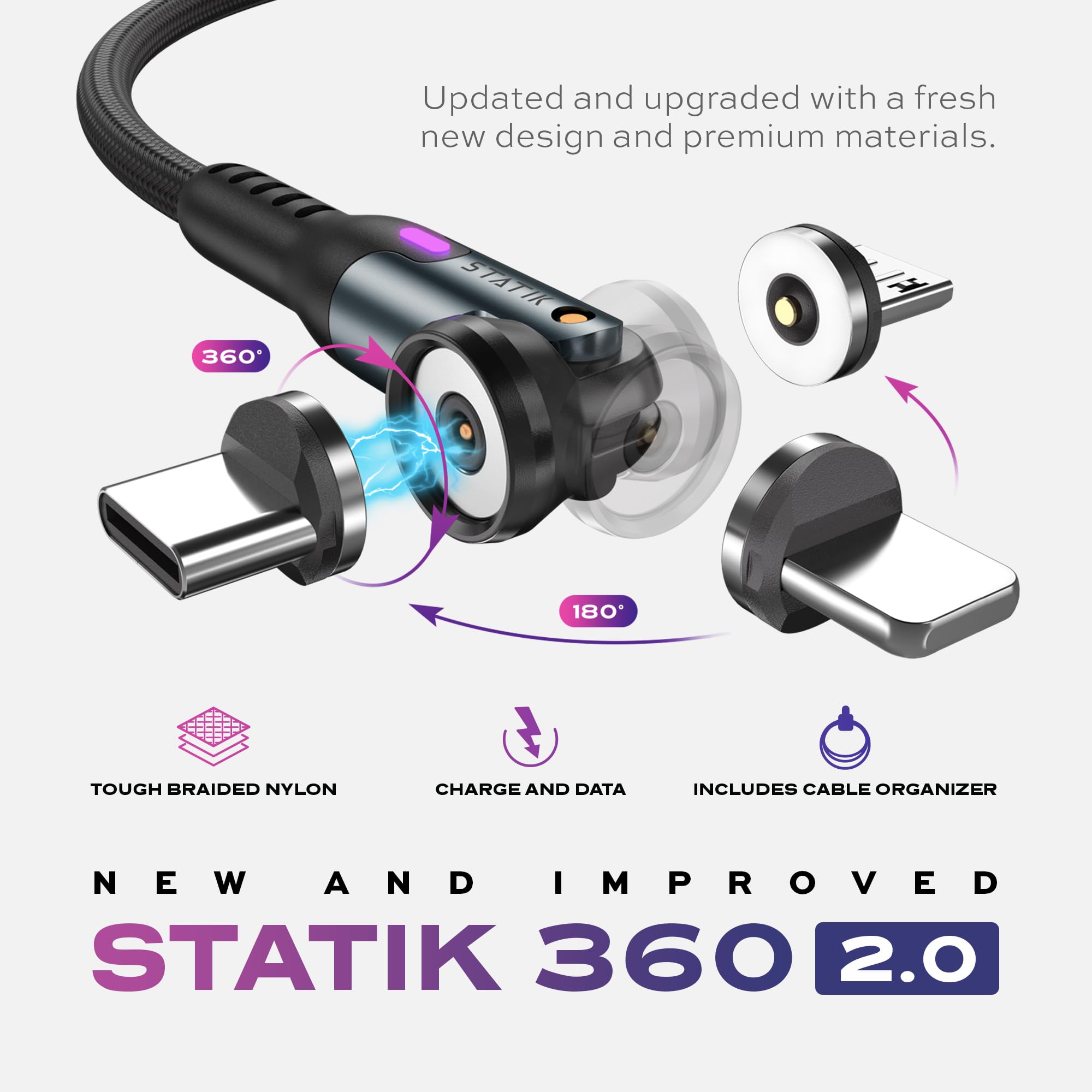 Statik 360 Rotating Magnetic Charging Cable - 6FT/2M Fast Charging USB C Cable with 3 Magnetic Tips (USB-C, Micro-USB, USB-A) for iPhone, Android, Smartphones - Perfect for Home, Office & Travel Use