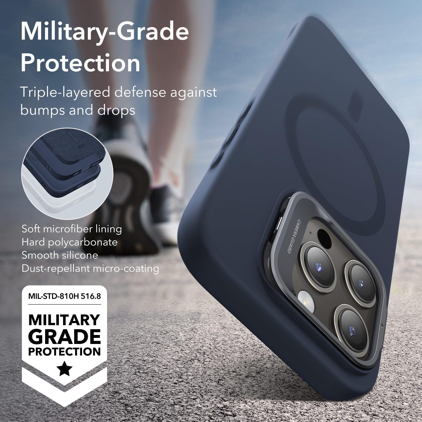 ESR MagSafe Silicone Case for iPhone 15 Pro - Military-Grade Protection with Built-in Stand & Camera Stash | Magnetic Phone Cover (Dark Blue, Cloud Series) - Perfect for Work, Travel & Daily Protection