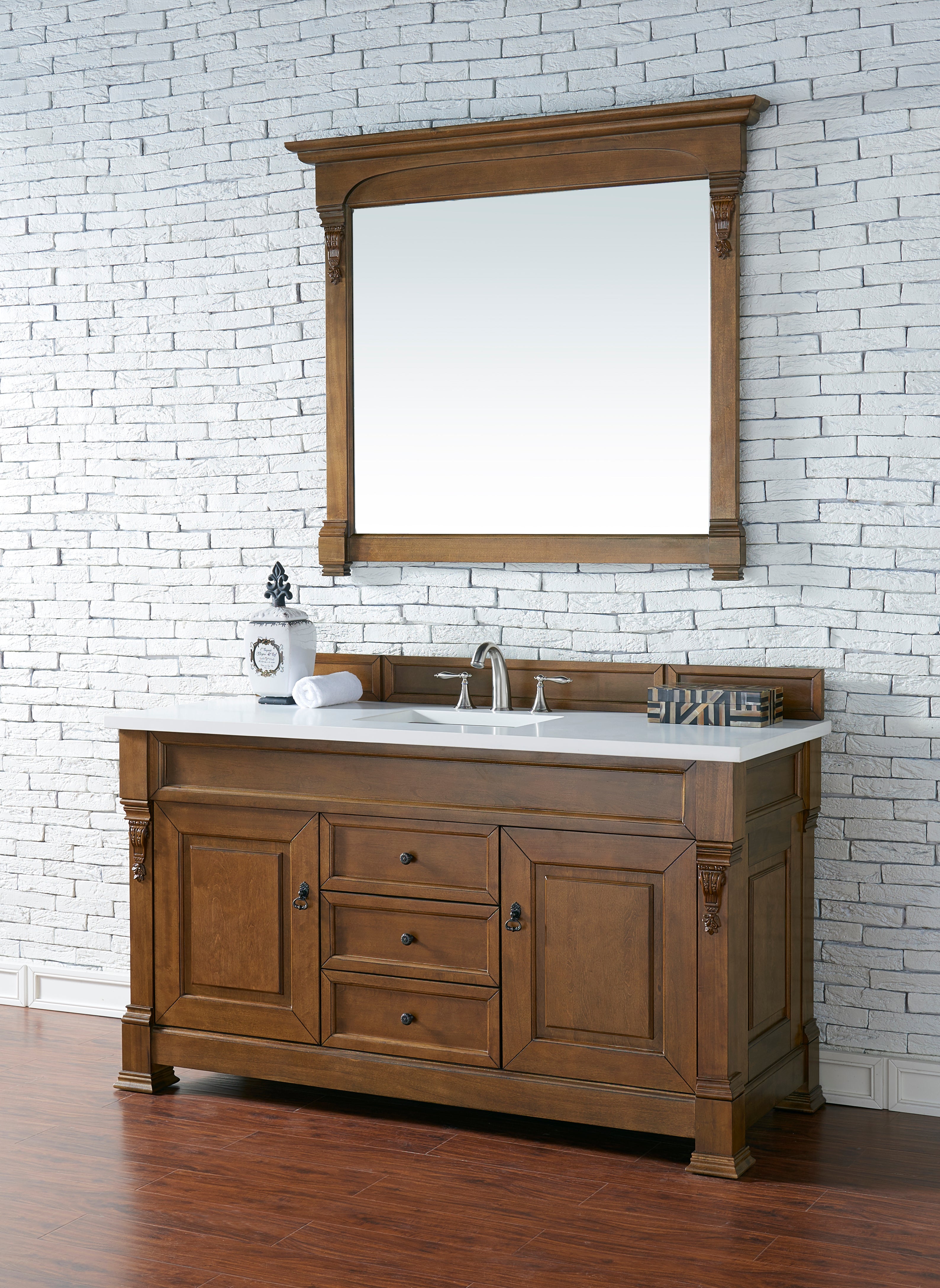 Brookfield 60 Inch Single Bathroom Vanity in Country Oak with 3CM Classic White Quartz Top - Perfect for Modern Farmhouse & Rustic Bathroom Decor