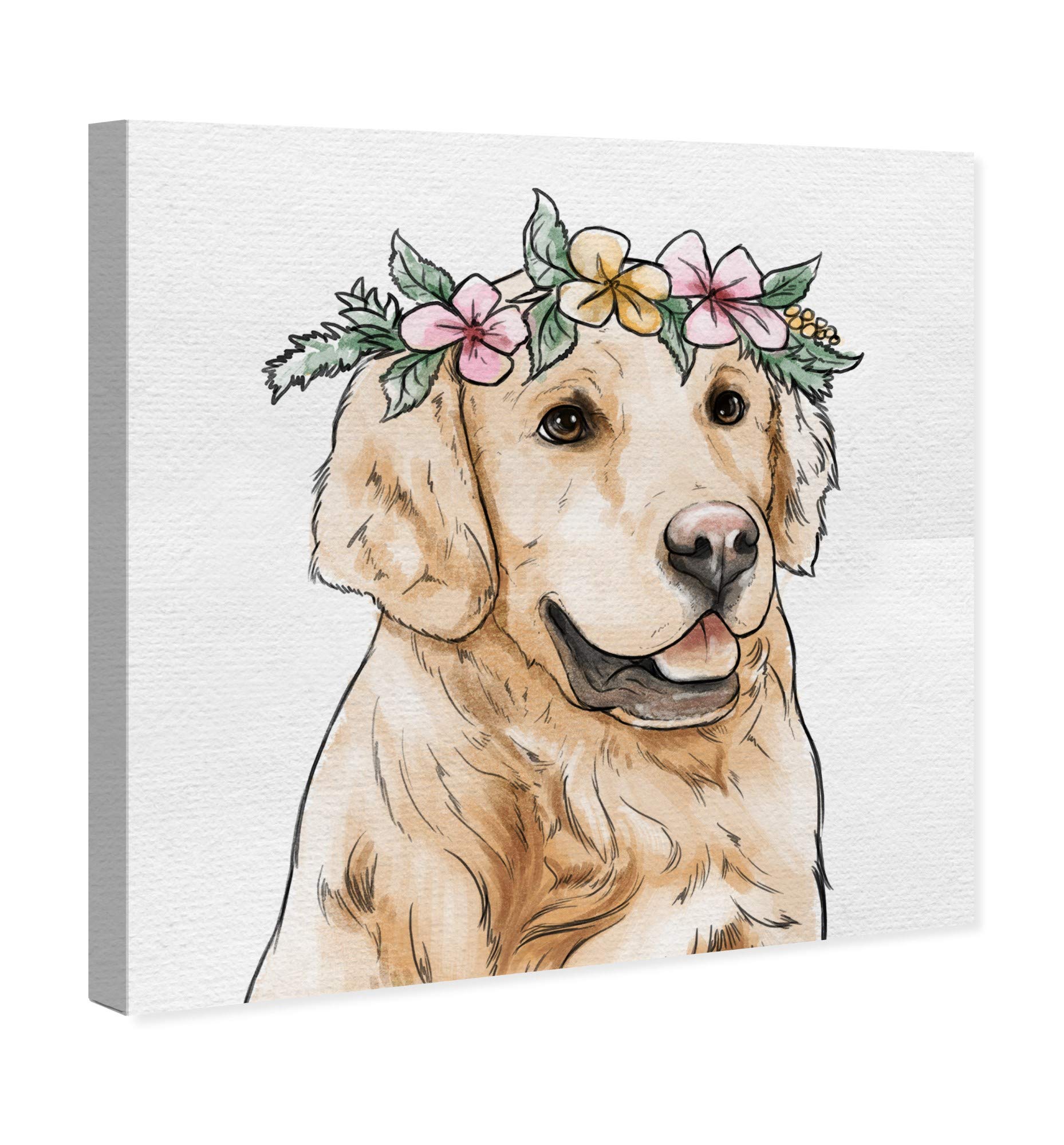 Floral Crowned Golden Retriever Wall Art Canvas Print - 30x30 Inch Modern Animal Home Decor by Oliver Gal Artist Co - Perfect for Living Room, Bedroom & Nursery Décor in Brown & Pink