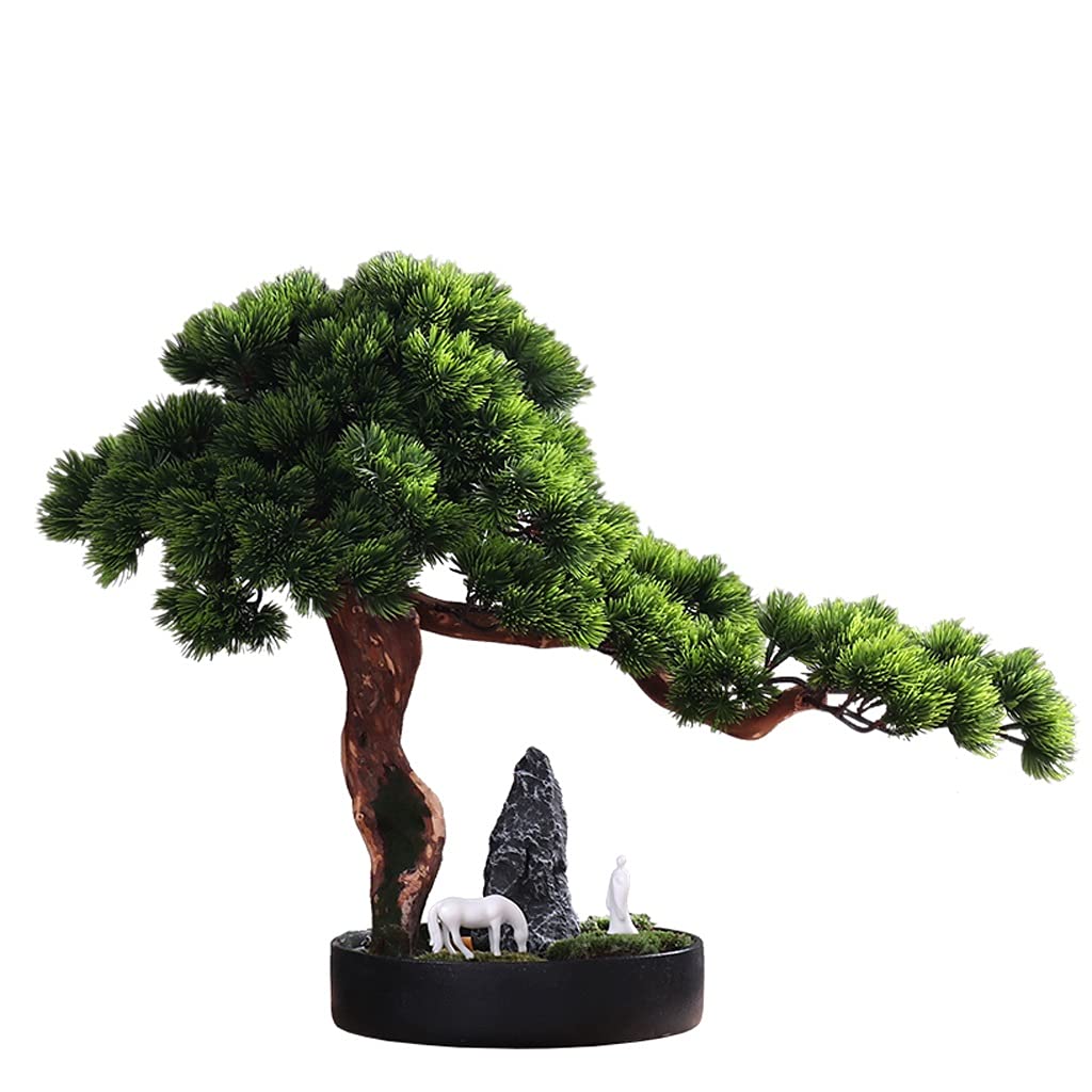 Realistic Artificial Bonsai Tree - Mini Pine Potted Plant with Ceramic Pony & Rockery Stones - Perfect for Office Desk, Living Room & Study Decor - Zen Home & Workspace Decoration