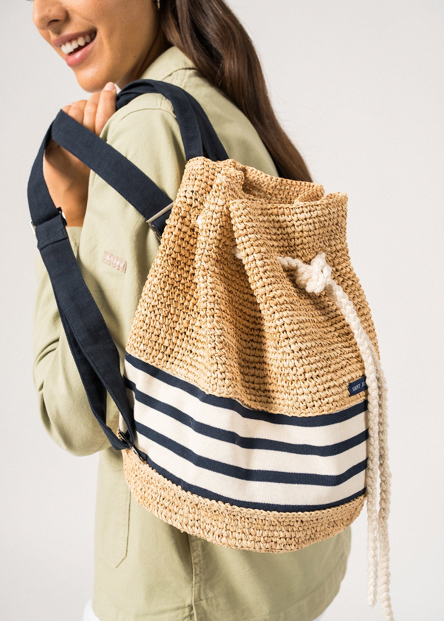 Petit Raffia Backpack - Natural/White/Navy Drawstring Closure Woven Straw Bag - Perfect for Beach, Travel & Summer Outings