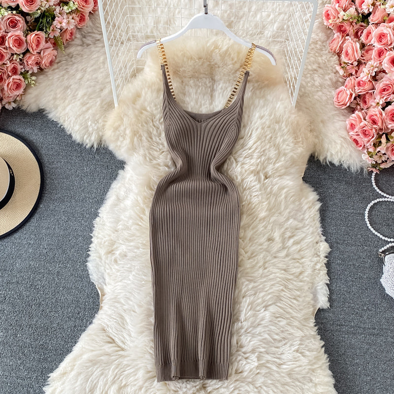 2023 Summer New Knitted Chain Shoulder Strap Sheath Dress for Women - Elegant Bodycon Party Dress for Night Out, Club, Date Night, Wedding Guest (Style 435)