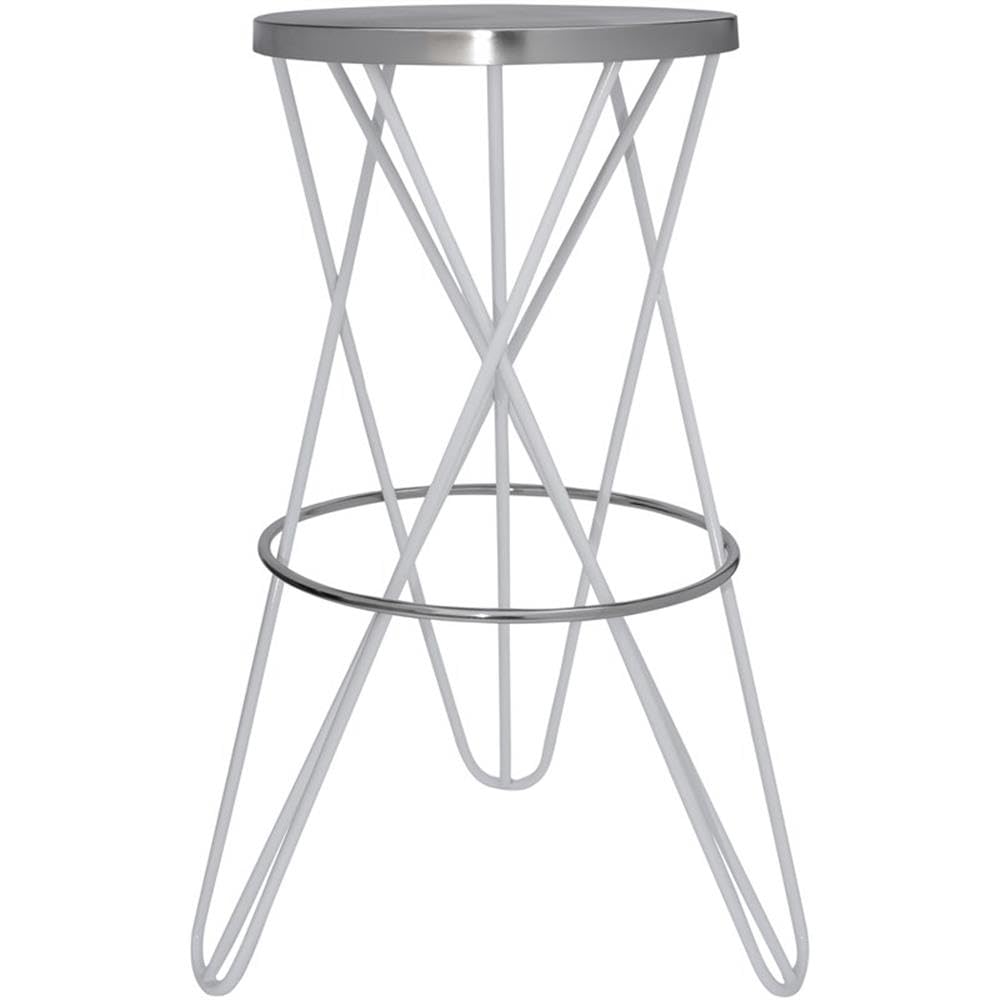 Modern Iron Bar Stool - Brushed Silver Finish & White Powder Coating | Meridian Furniture 948White Mercury Collection | Perfect for Kitchen Islands, Breakfast Bars & Contemporary Dining Areas