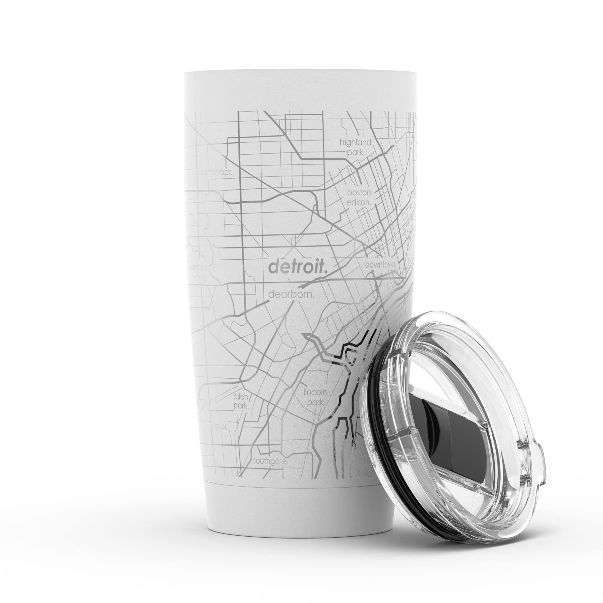 Custom Engraved Detroit Michigan Map Stainless Steel Coffee Tumbler - 20oz White Insulated Travel Mug with Etched City Design | Perfect for Outdoor Activities, Commuting & Gift Giving