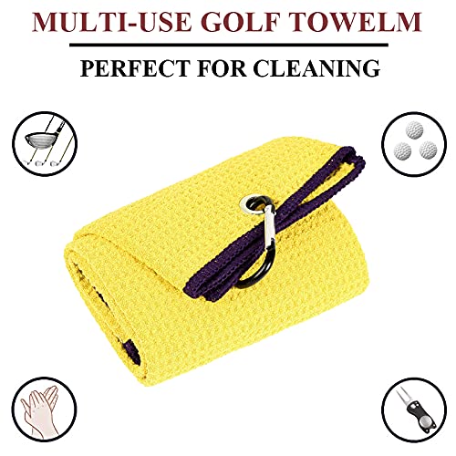 Premium 2-Pack Tri-Fold Golf Towels - Super Absorbent Microfiber Waffle Pattern with Heavy Duty Carabiner Clip - Yellow Golf Accessories for Men | Perfect for Golf Bags, Carts & Club Cleaning