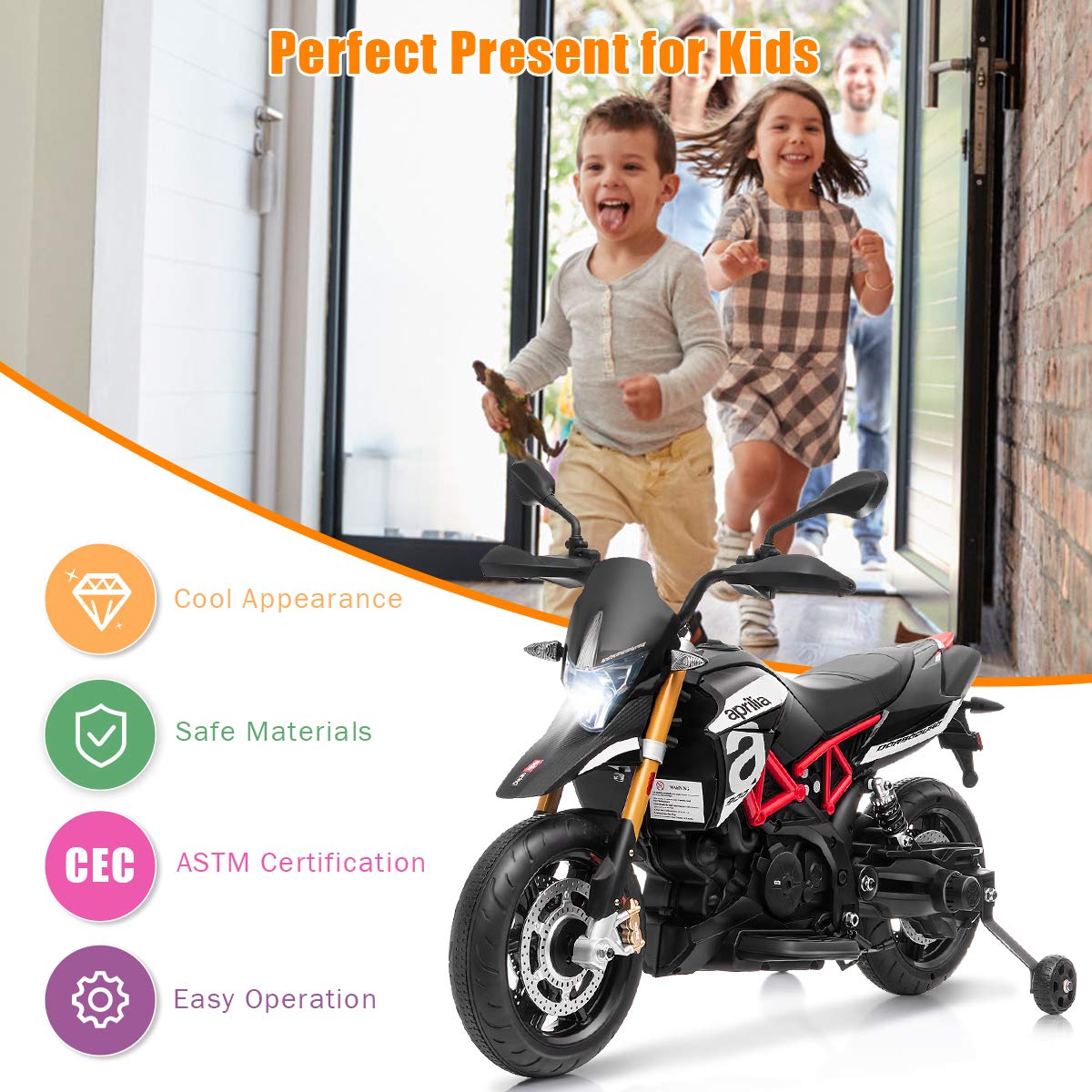HOMGX 12V Kids Ride on Motorcycle - Licensed Apulia Design with LED Lights & Music, Battery Powered Motor Bike with Detachable Training Wheels (Black) | Perfect Gift for Boys & Girls Ages 3-8 | Indoor & Outdoor Play, Birthday & Christmas Present