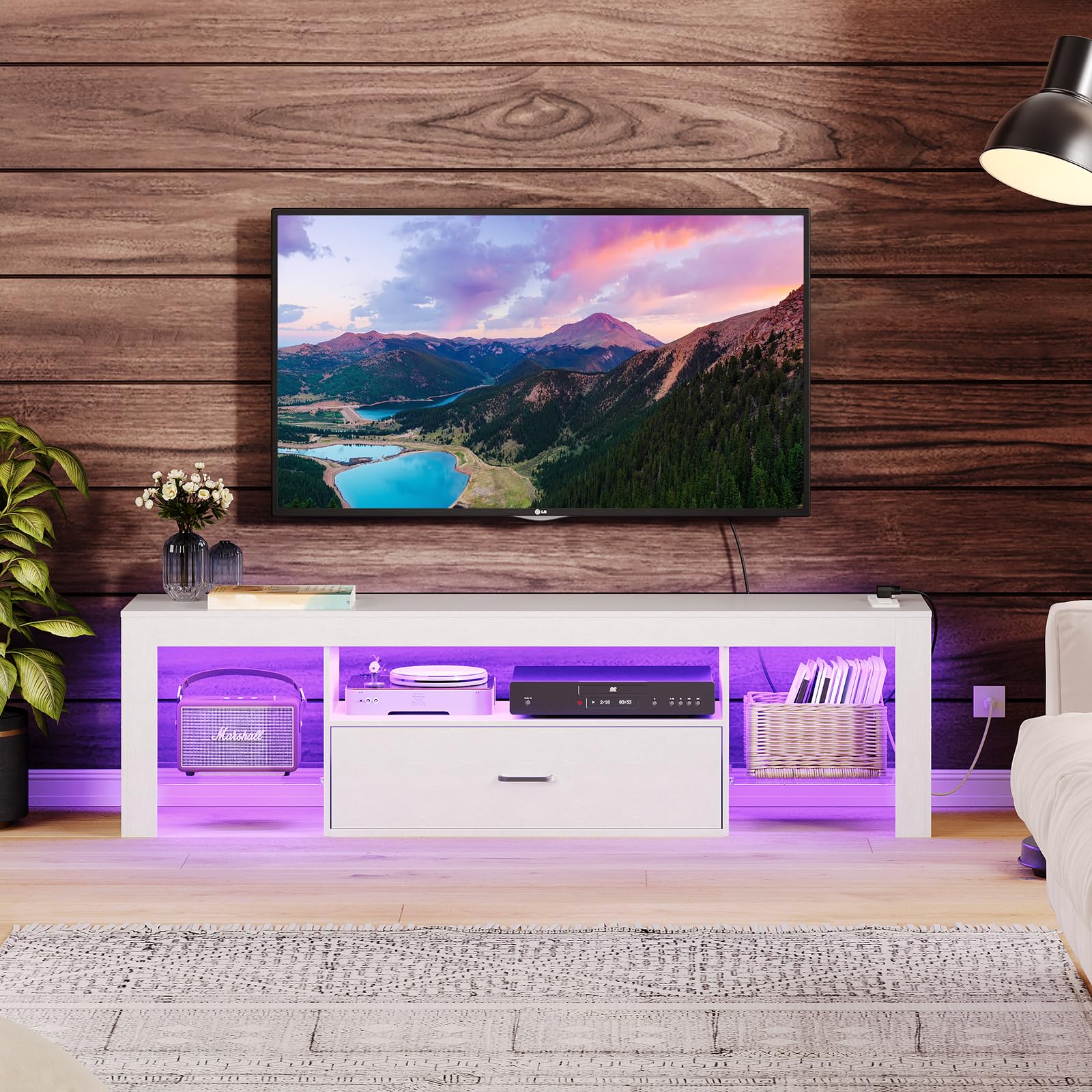 HOOBRO 65 inch LED TV Stand with Power Outlets, Modern Gaming Entertainment Center with Glass Shelves & Large Drawer, Media TV Console Table for Living Room Bedroom - Perfect for Movie Nights & Gaming Setup (White, Model WT14UDDS01)