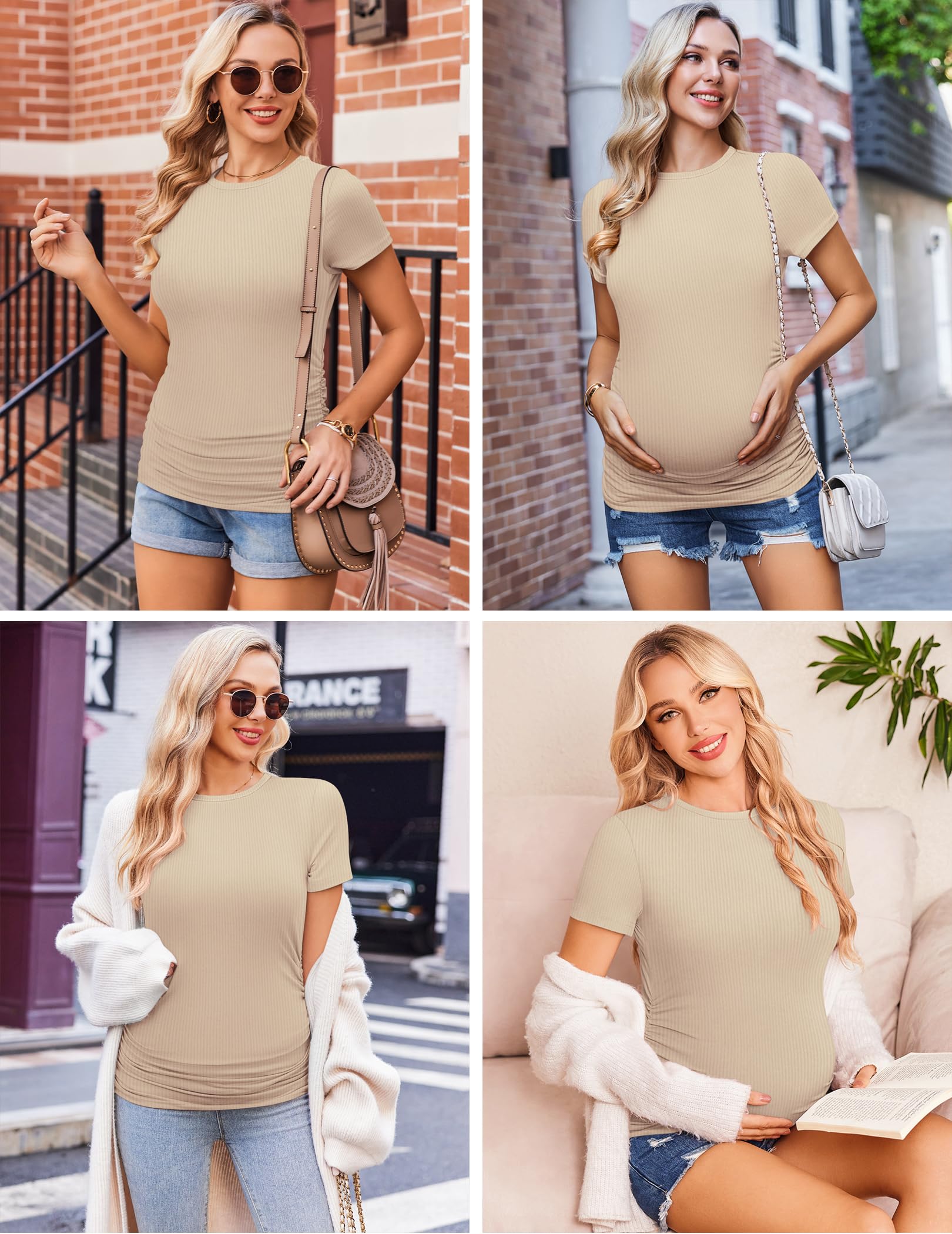 Ekouaer Women's Maternity Shirts 3 Pack - Soft Ribbed Short Sleeve Pregnancy Tops with Side Ruched Detail & Crew Neck Tunic for Expecting Moms - Perfect for Casual Wear, Nursing, and Everyday Comfort
