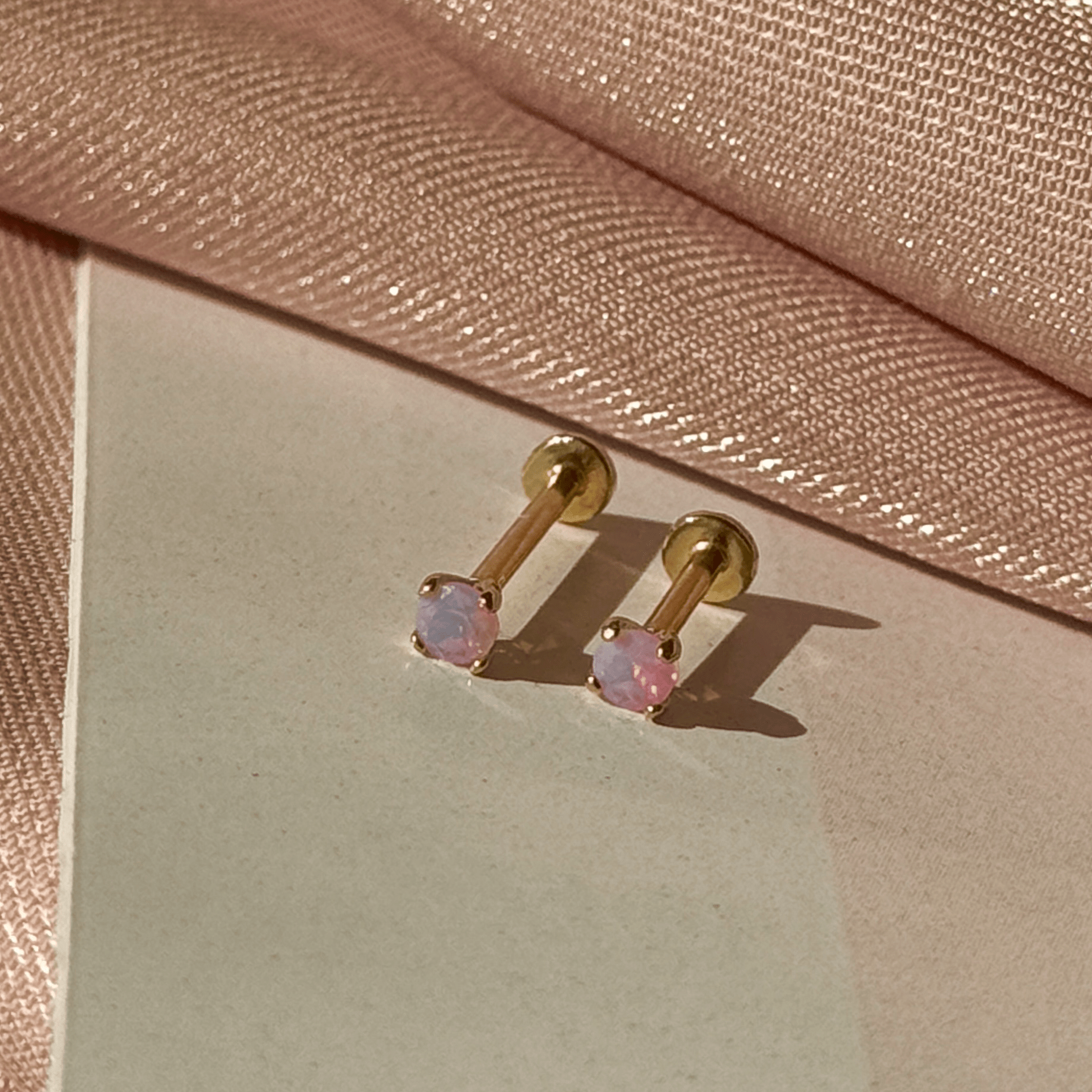 14k Yellow Gold Pink Opal Cartilage Flat Back Stud Earrings - Dainty & Hypoallergenic Jewelry for Women, Perfect for Everyday Wear & Special Occasions
