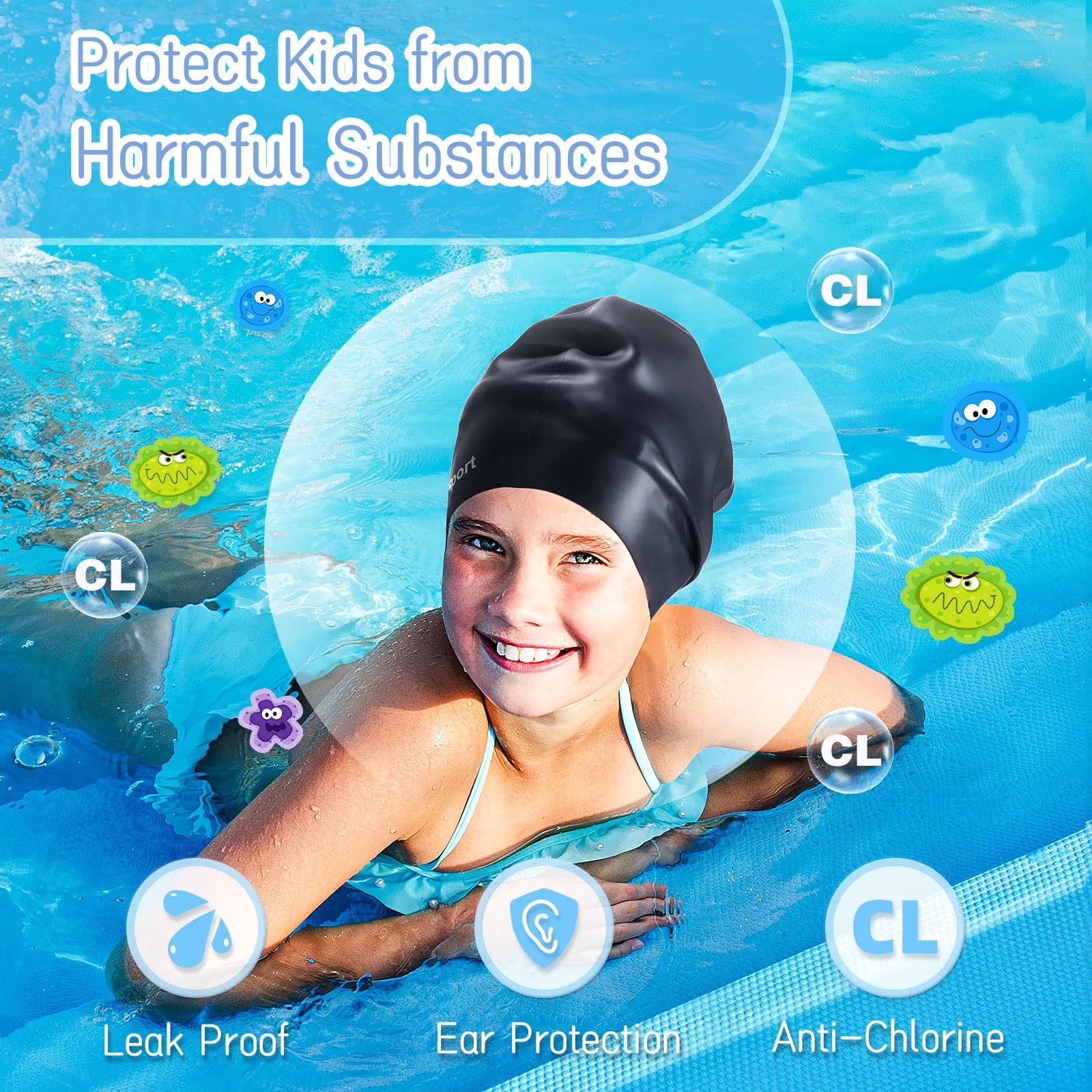 EverSport Kids & Youth Large Swim Cap for Girls 6-14 Years - Silicone Swimming Cap for Long Hair & Braids - Keeps Hair Dry - Perfect for Swimming Lessons, Pool Parties & Beach Activities