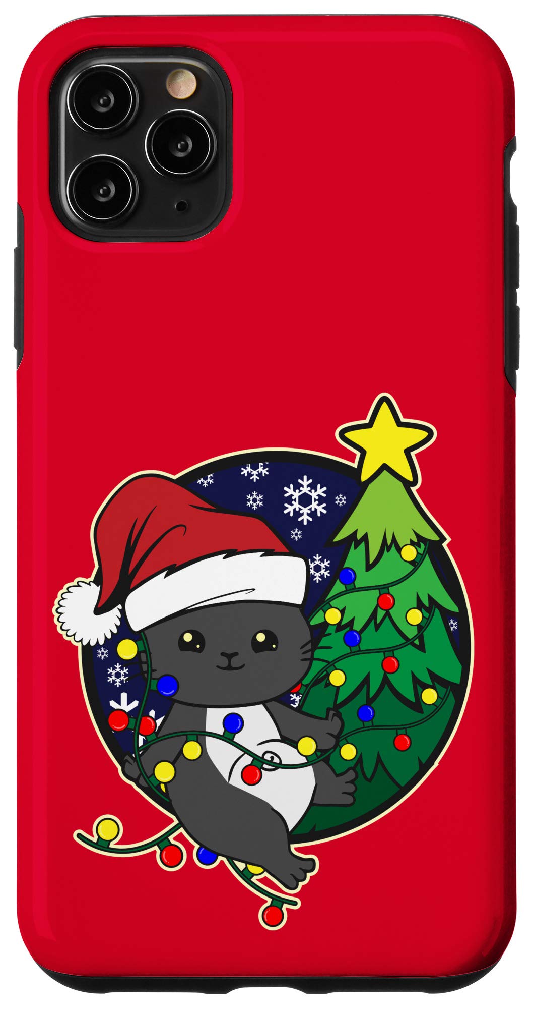 iPhone 11 Pro Max Case - Santa Black Kitten Christmas Tree Lights Design | Protective Phone Cover for Holiday Season & Gift Giving