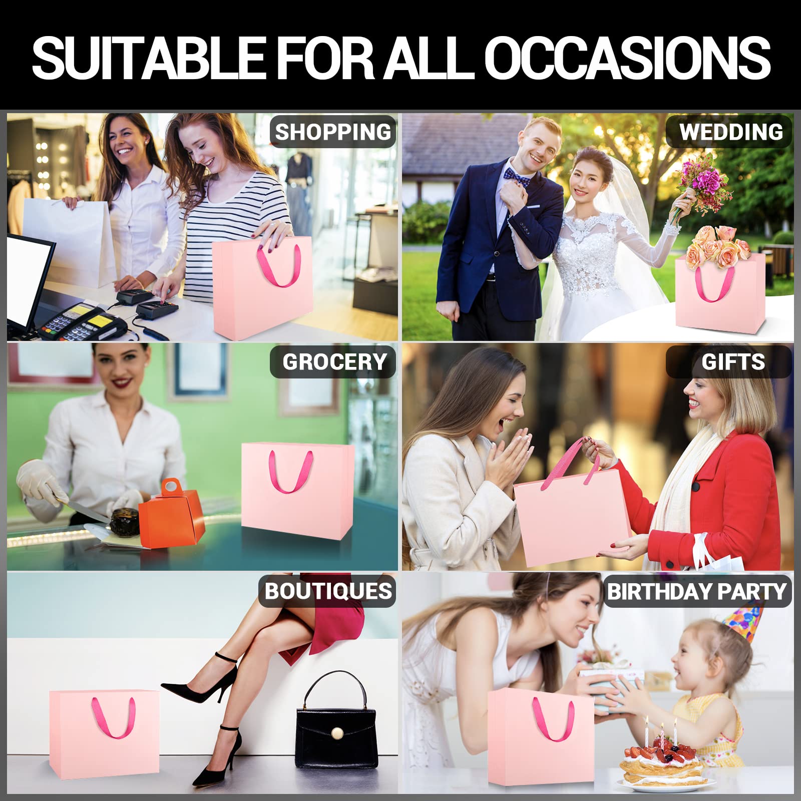 EUSOAR 20pcs Pink Recyclable Kraft Gift Bags with Handles 8.6x3.9x7 Inches - Sturdy Paper Shopping Bags for Boutique Business, Birthday Presents, Party Favors & Craft Supplies | Perfect for Retail Packaging, Wedding Favors & Holiday Gifting