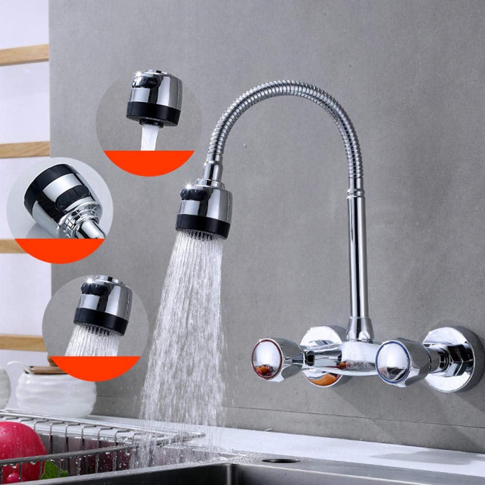 Wall Mounted Faucet - Copper Chrome Kitchen Sink Faucet with Double Handle, Hot & Cold Mixing Valve for In-Wall Installation | Perfect for Balcony, Laundry Room & Utility Sink Applications