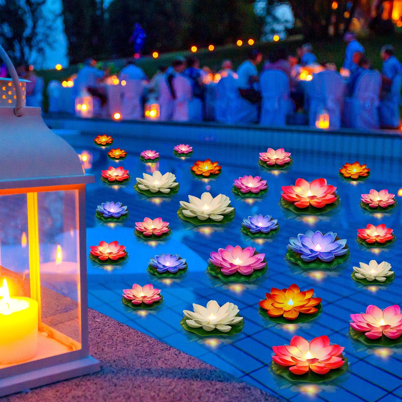 Liliful 36 Pcs LED Floating Lotus Lights - Battery Operated Water Lanterns with Lifelike Artificial Flowers for Pool, Pond, Wedding & Party Decor (3.94-5.91 Inch, Rich Colors) - Perfect for Backyard, Garden, and Special Events Lighting