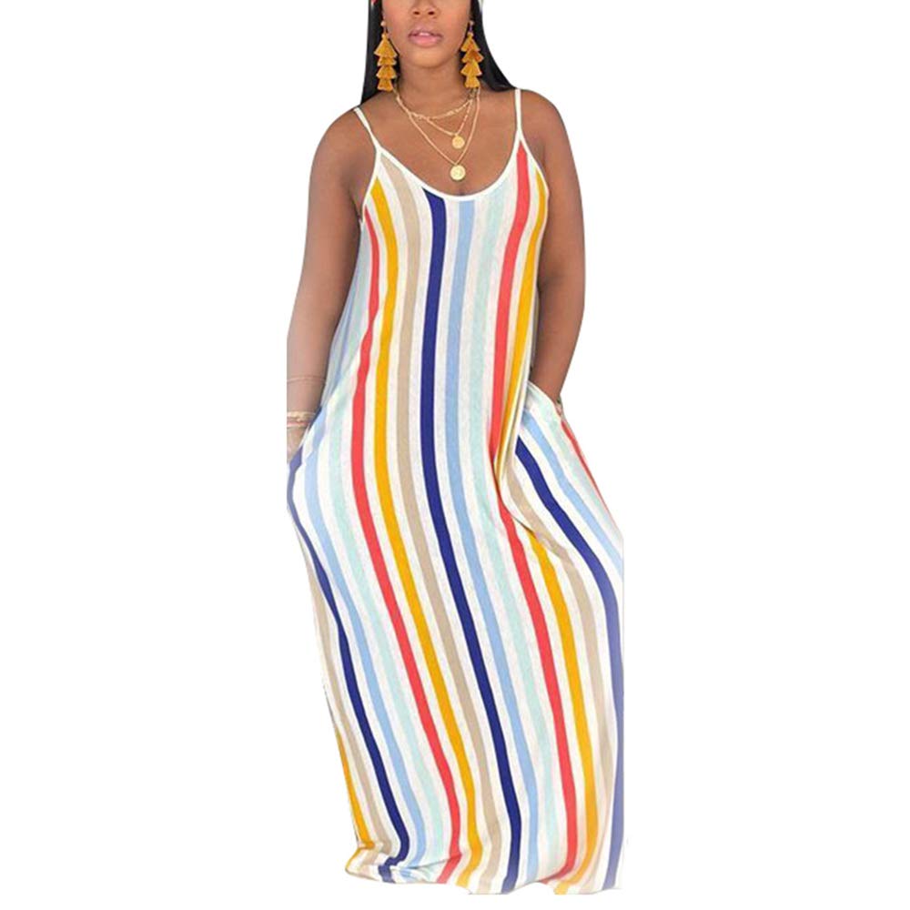 BFFBABY WOOSEN Women's Plus Size Summer Maxi Dress with Suspenders - Striped Print, Sleeveless, Pockets & Belt - Perfect for Beach, Vacation & Casual Outings