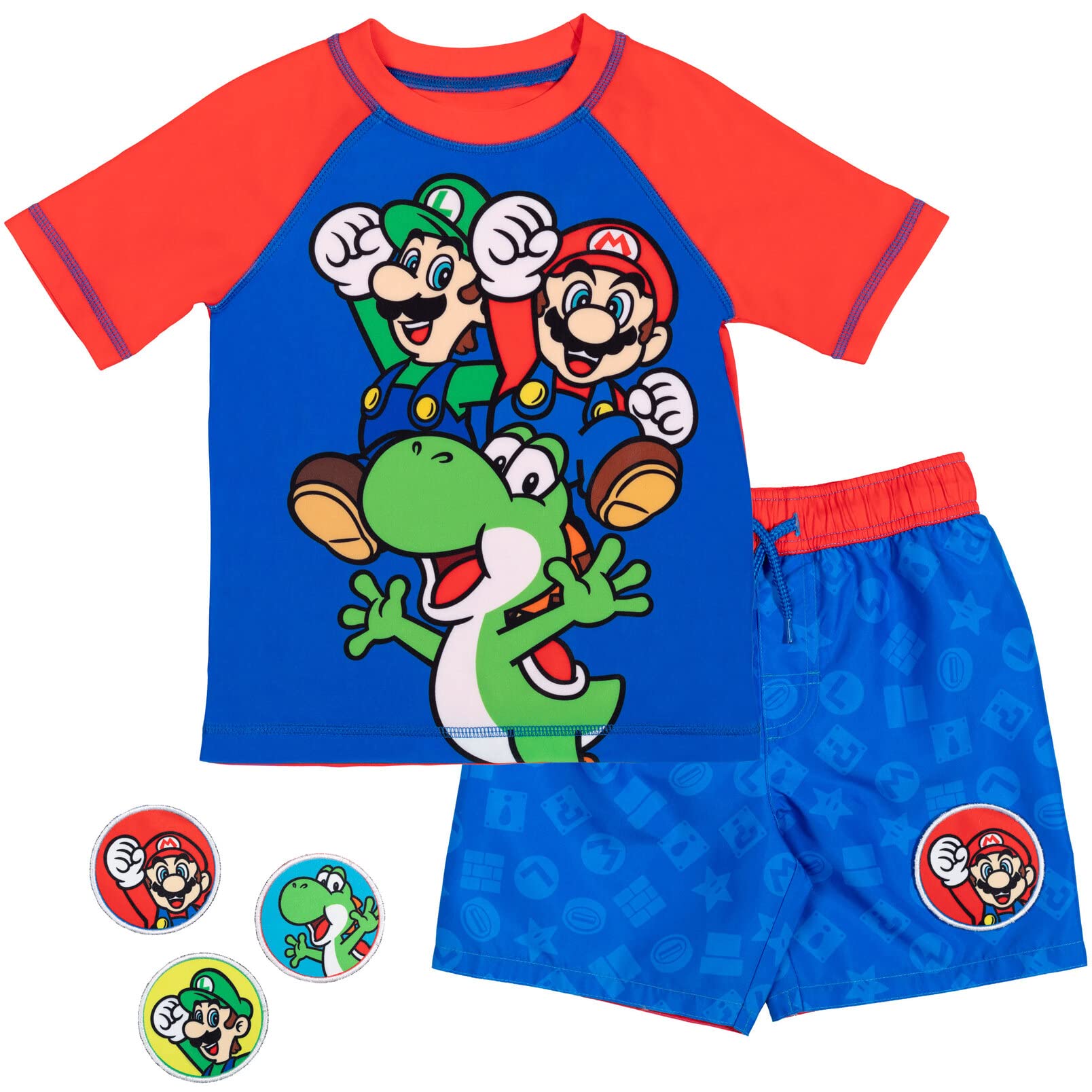 Nintendo Super Mario Luigi Yoshi Rash Guard Swim Trunks Set - Perfect for Beach, Pool, and Summer Water Activities