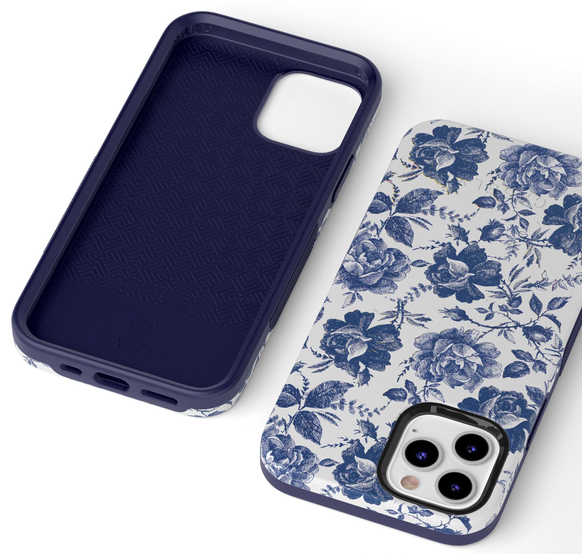 Casely iPhone 12/12 Pro Floral Phone Case - Rose to Fame Coquette Design | Blue & White Rose Pattern | Slim Protective Cover for Women | Perfect for Everyday Use & Gift Giving