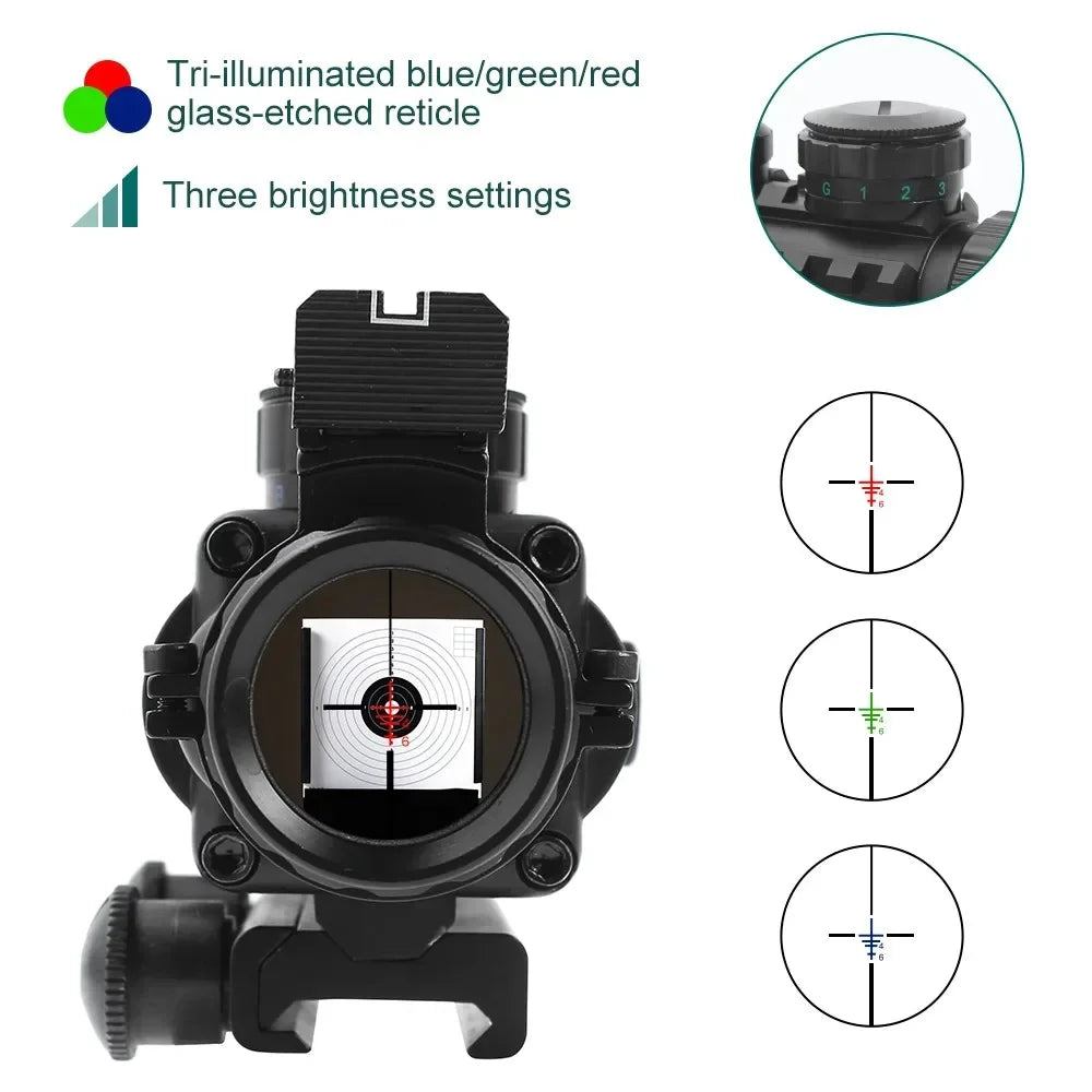 ACOG 4x32 Rifle Scope - Tactical Optical Sight with Fiber Optic Iron Sights | 20mm Prism Scope for Hunting & Target Shooting | Perfect for AR-15, M4, and Tactical Rifles