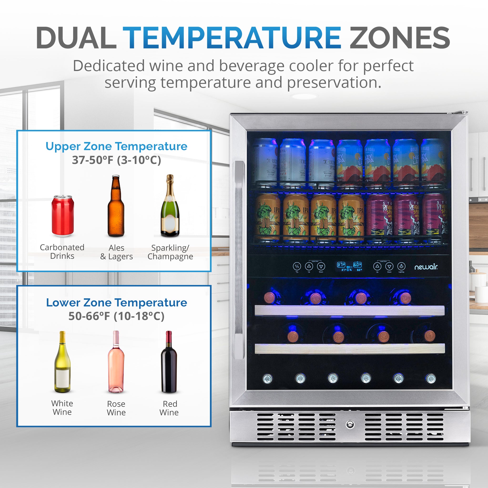 Newair® 70 Can 20 Bottle Dual Zone Beverage Refrigerator - Built-in Wine Cooler & Beer Fridge for Home Bar, Kitchen, or Office Use