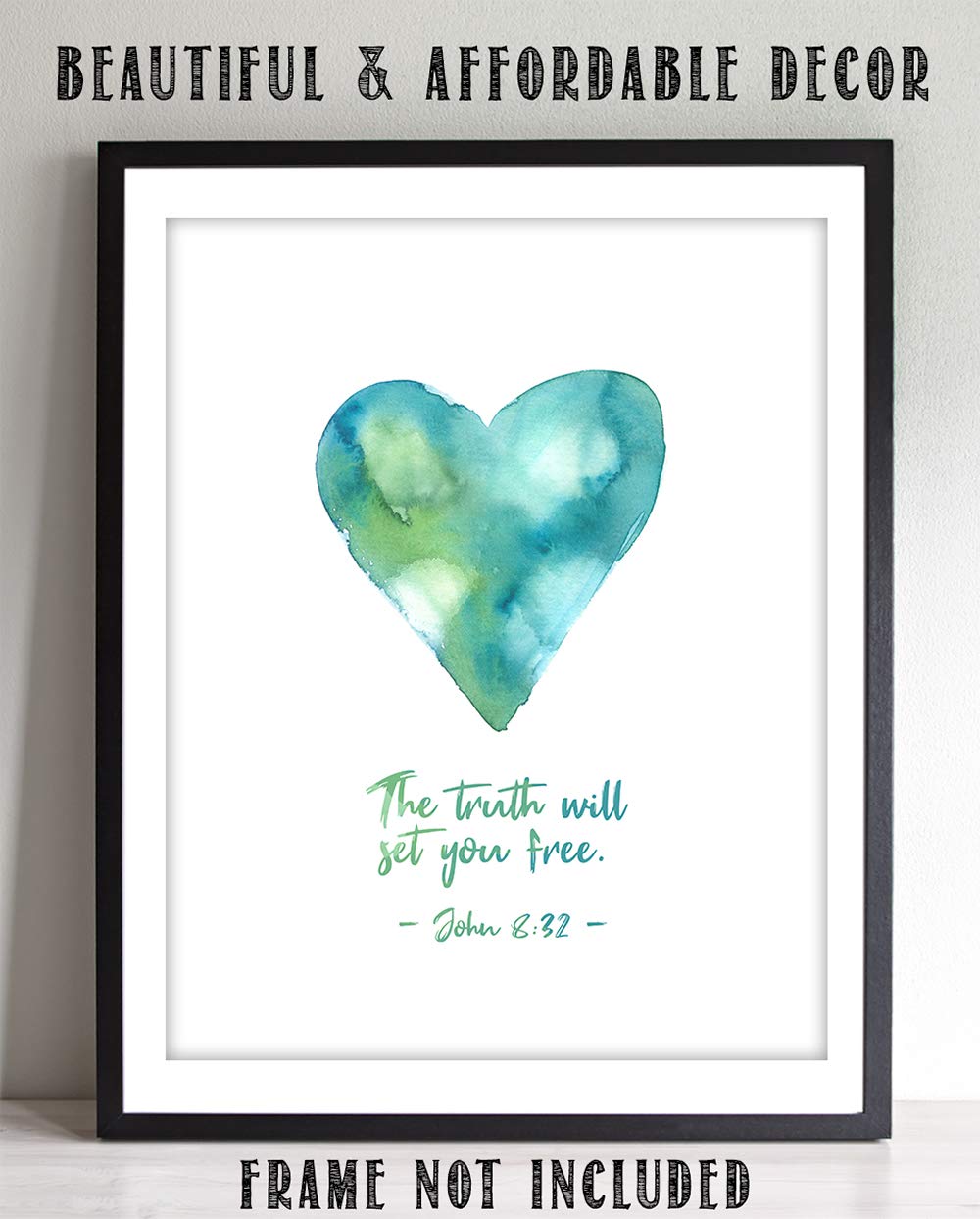 TJ Originals - John 8:32 Bible Verse Wall Art Decor 'The Truth Will Set You Free' - 11x14 Christian Scripture Print - Inspirational Home & Office Decor - Perfect Gift for Women, Family & Friends (Green Heart) - Ideal for Living Room, Bedroom, Church or Prayer Room Decor