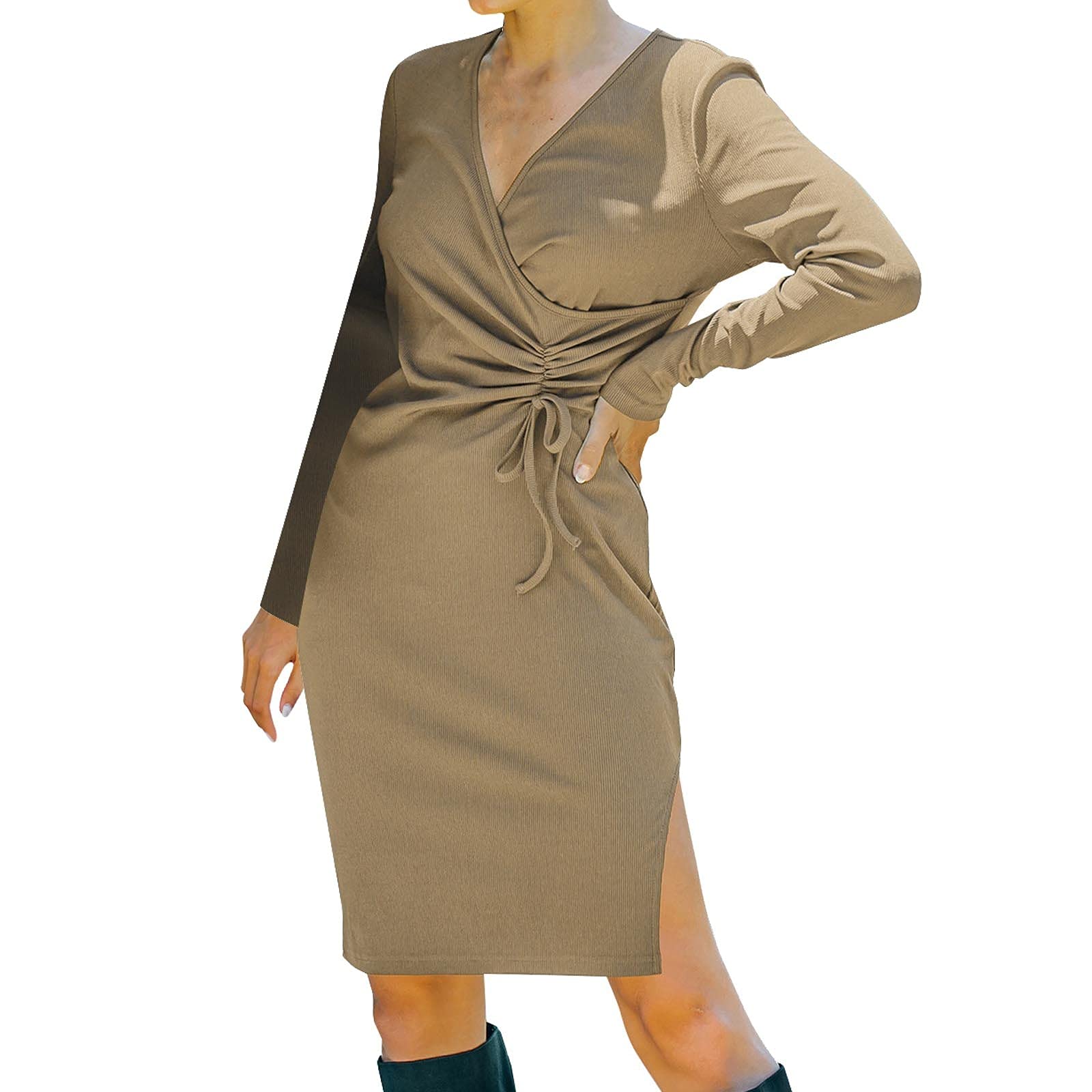 Elegant Red Wrap Dress for Women - Slimming Long Sleeve Midi Dress with Pleated Hem & Side Slit | Perfect for Date Night, Office Wear & Special Occasions