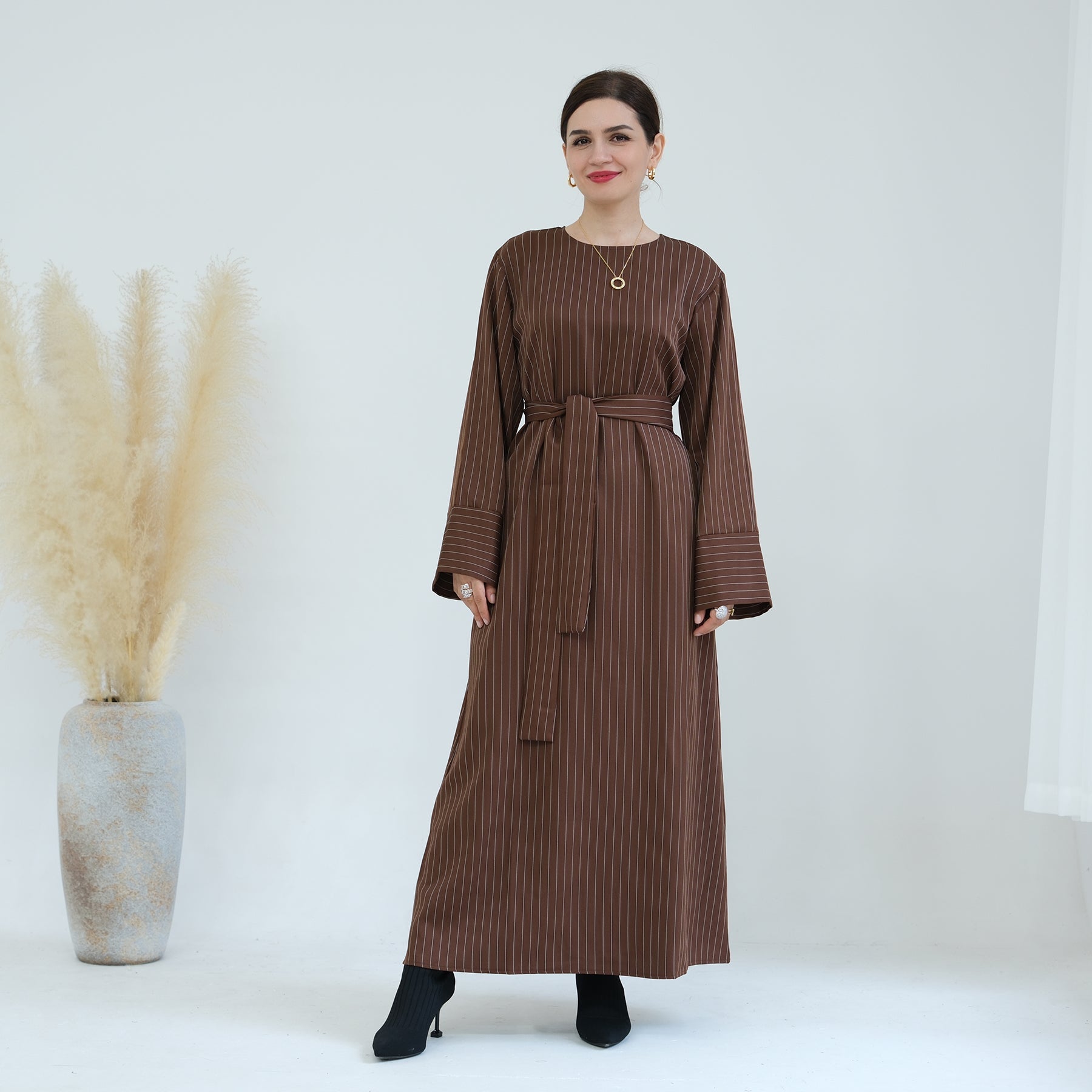 Janine Stripe Long Sleeve Belted Maxi Dress for Women - Brown Flowy Boho Dress for Beach, Wedding & Casual Outings