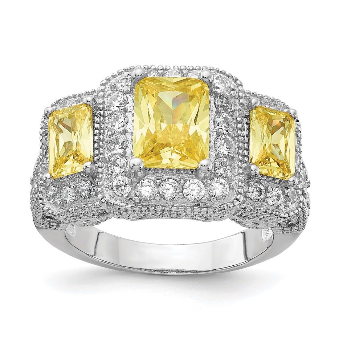 925 Sterling Silver Step Cut Radiant Cut Canary & White CZ Cubic Zirconia Simulated Diamond 3-Stone Ring for Women - 13.25mm Wide Wedding, Engagement & Anniversary Jewelry Gift