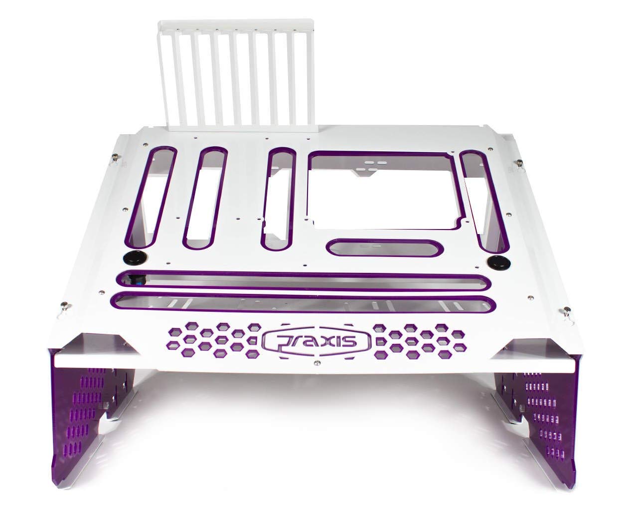 PrimoChill Praxis Wetbench - Powder Coated Steel Modular Open Air Computer Test Bench for Water Cooling & Air Cooling PC Builds - White with Purple Accents - Perfect for PC Builders, Overclockers & Hardware Testing