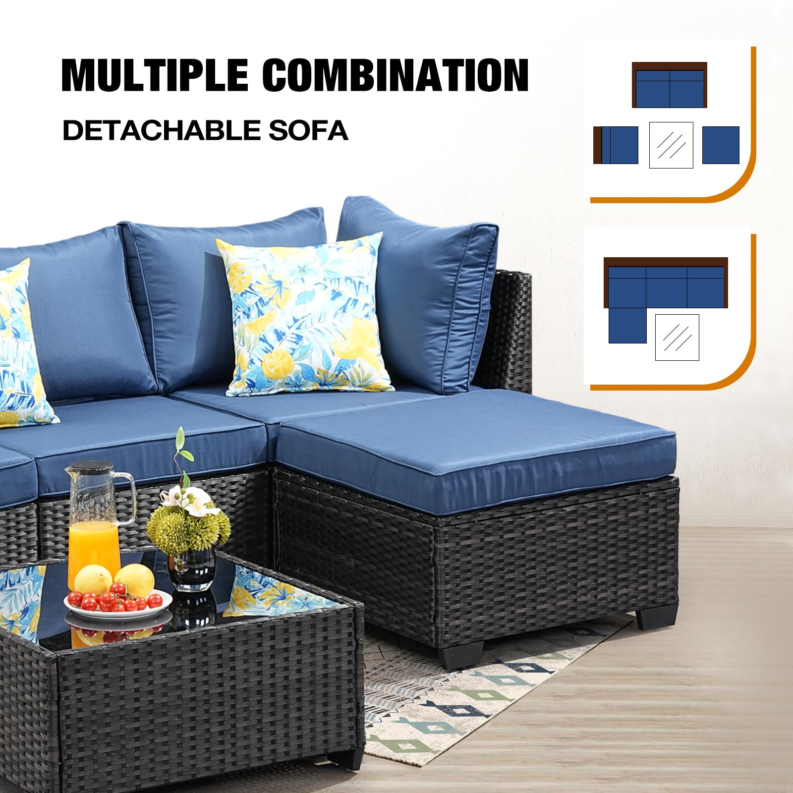 5-Piece All-Weather Outdoor Wicker Patio Furniture Set - Navy Rattan Sectional Sofa with Cushions, Glass Coffee Table & Ottoman - Perfect for Porch, Poolside, Garden or Backyard Relaxation