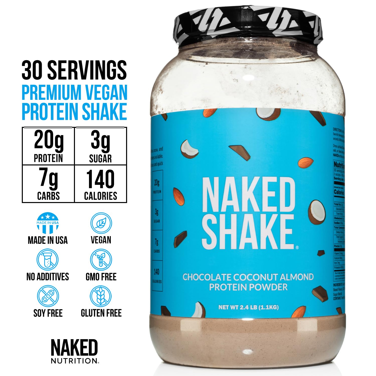Naked Shake - Chocolate Coconut Almond Plant-Based Protein Powder | Vegan, Gluten-Free, Soy-Free, Non-GMO | MCT Oil from US & Canadian Farms | 30 Servings | Perfect for Post-Workout Recovery & Healthy Breakfast Smoothies