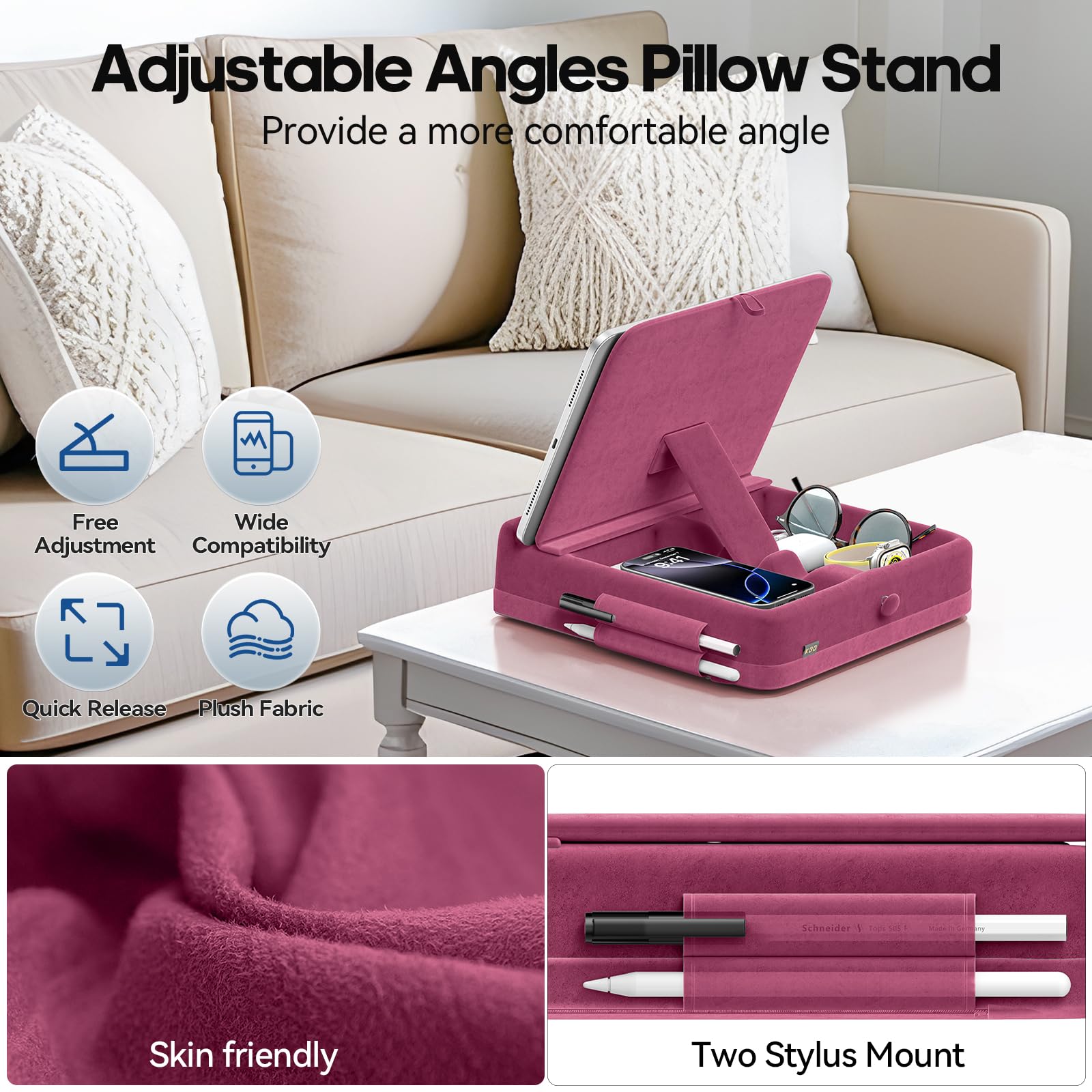 Foldable Tablet Pillow Stand with Storage - Adjustable Angle iPad Holder for Lap, Desk & Bed - Soft Pad Dock with Stylus Mount - Compatible with iPad Pro/Air/Mini, Kindle, Samsung Tablets & Phones (4-13