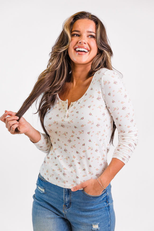 Best In Bloom Ivory Ribbed Floral Henley Top for Women - Elegant Casual Blouse with Floral Pattern, Perfect for Spring Outfits, Date Nights & Office Wear | FINAL SALE